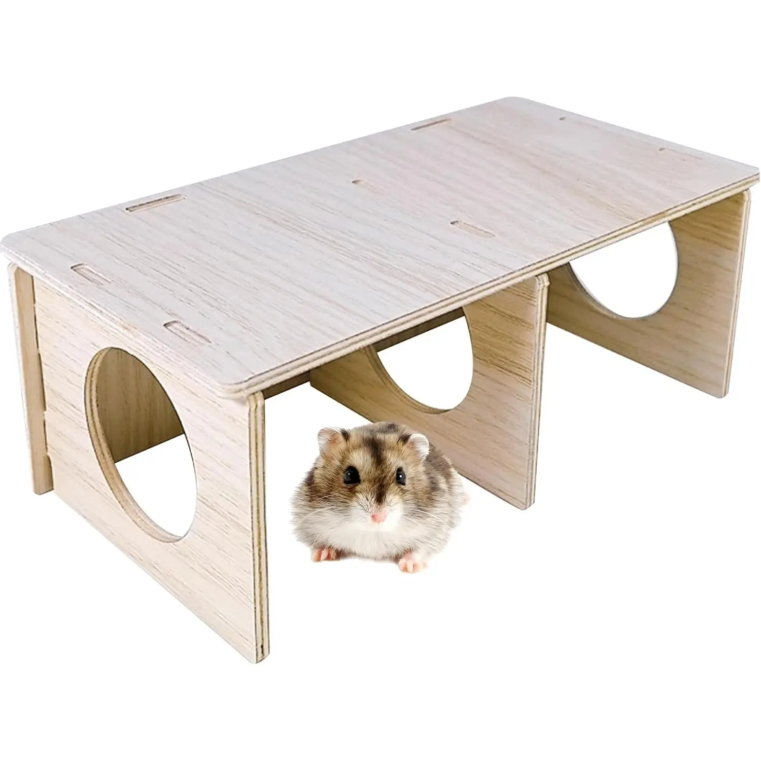 Natural Wood 2-Chamber Hideout Tunnel, Small Animal Exploration Toy with Platform, Safe Play Cage Accessory for Hamsters, Gerbils