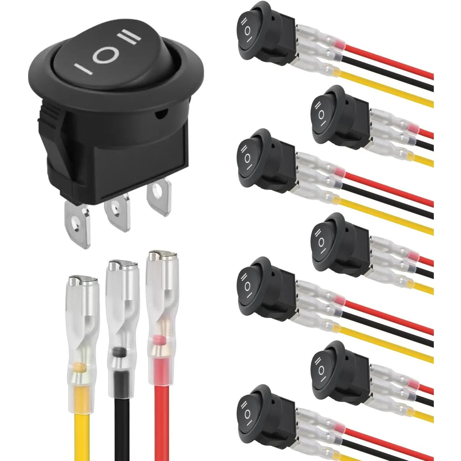 Nilight 8PCS Latching ON-OFF-ON Rocker Switch - SPDT 3-Pin Design, 3-Way Round Shape, ABS Impact & Heat Resistant Casing, Silver-Plated Terminals, Copper Wiring Harness, 6A/250V 10A/125VAC 12V, 500000 Cycles, Snap-In Easy Installation for Car, RV