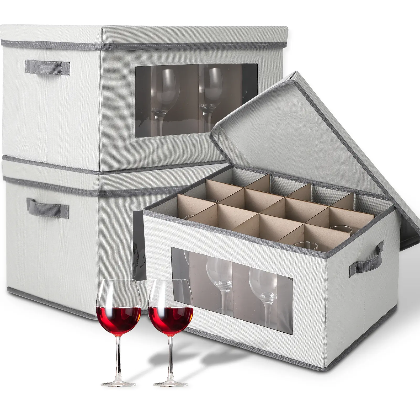 3 Pack Wine Glass Storage Boxes – 12 Compartment Stemware Organizer with Lids, Handles & Clear Windows – Safe Glassware and Drinkware Storage Solution, Ideal for Kitchen Organization