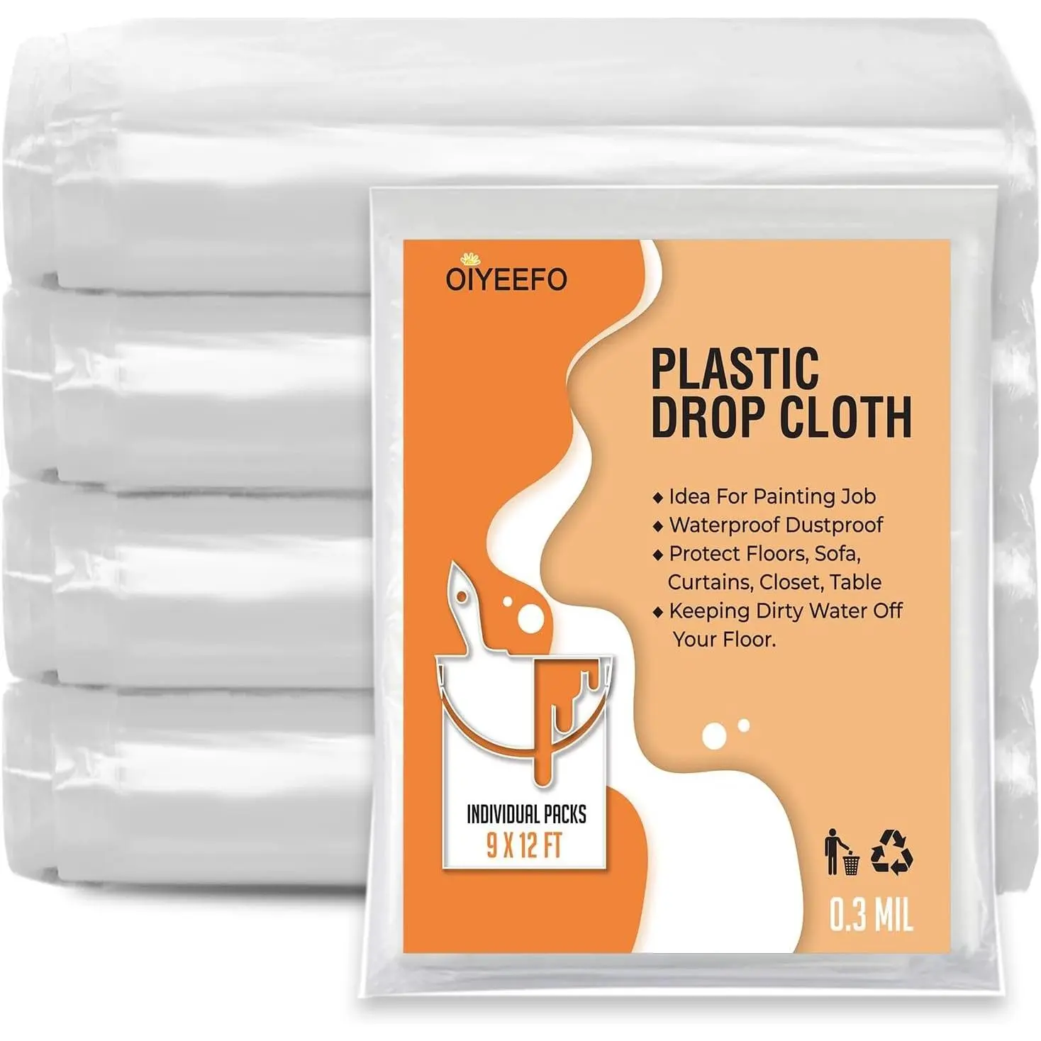 Clear Plastic Sheeting Drop Cloths for Painting, 5 Pcs 9x12ft Plastic Tarp Waterproof Dustproof Almost Tear Resistance Multi-Purpose Furniture Cover Floor Wall Protection Film