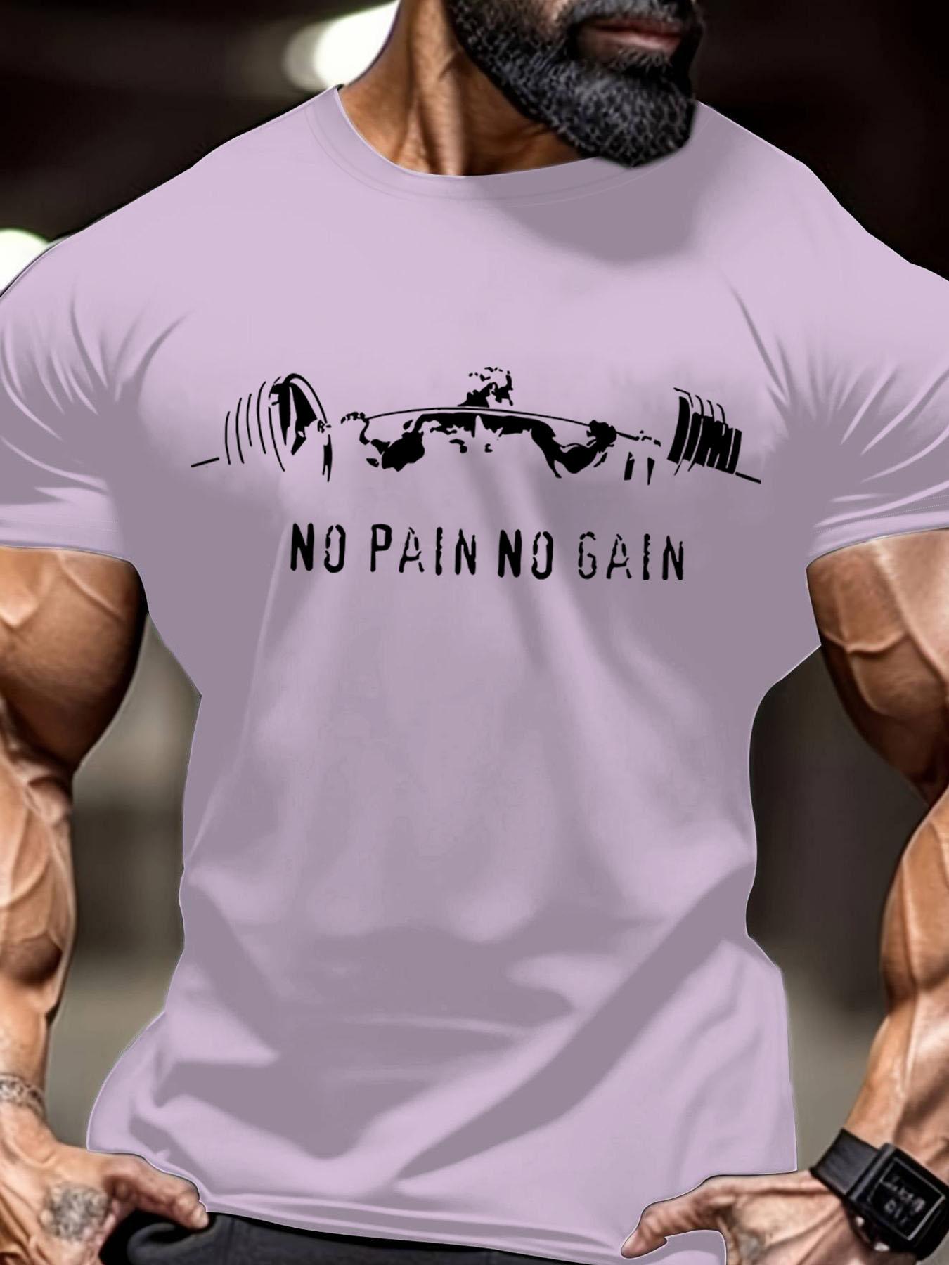 Men's Regular Fit No Pain No Gain Letter Print Round Neck Tee, Casual Short Sleeve Crew Neck T-shirt for Summer, Gym T Shirts, Fashion Men's Top for Gym Workout Running