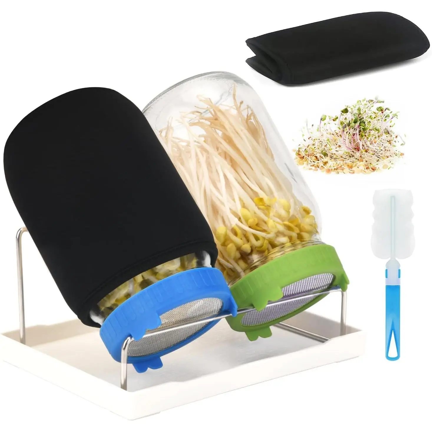 Sprouting Kit, 2 Sprouting Jar Kits, Wide Mouth Quart Mason Jars with Stainless Steel Screen Sprout Lids, 1000ml Sprouts Growing Kit Seed Sprouter Set for Growing Broccoli, Bean, Alfalfa