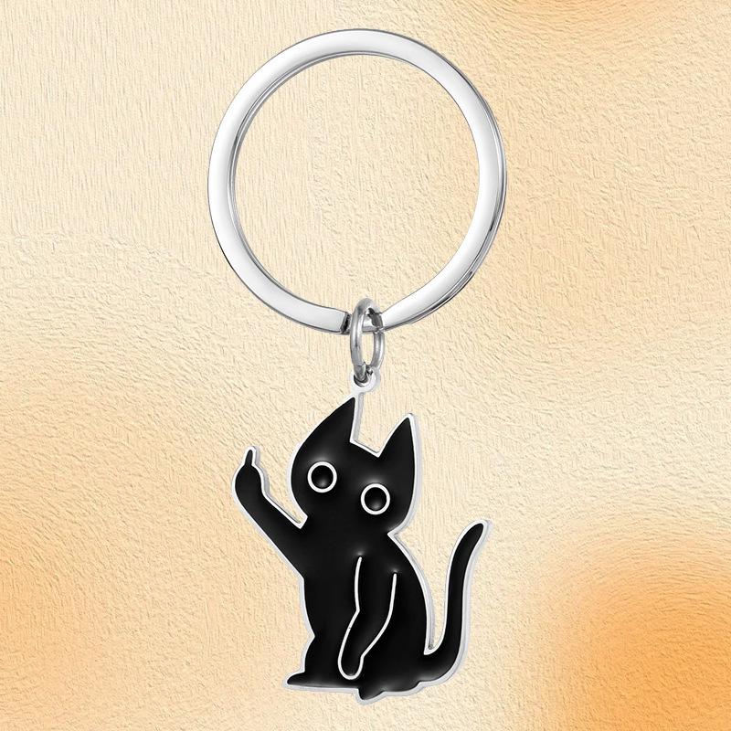 Funny Middle Finger Black Cat Keychain, Cute Sassy Cartoon Cat Stainless Steel Charm, Edgy Cat Lover Bag Accessory for Pet Owners
