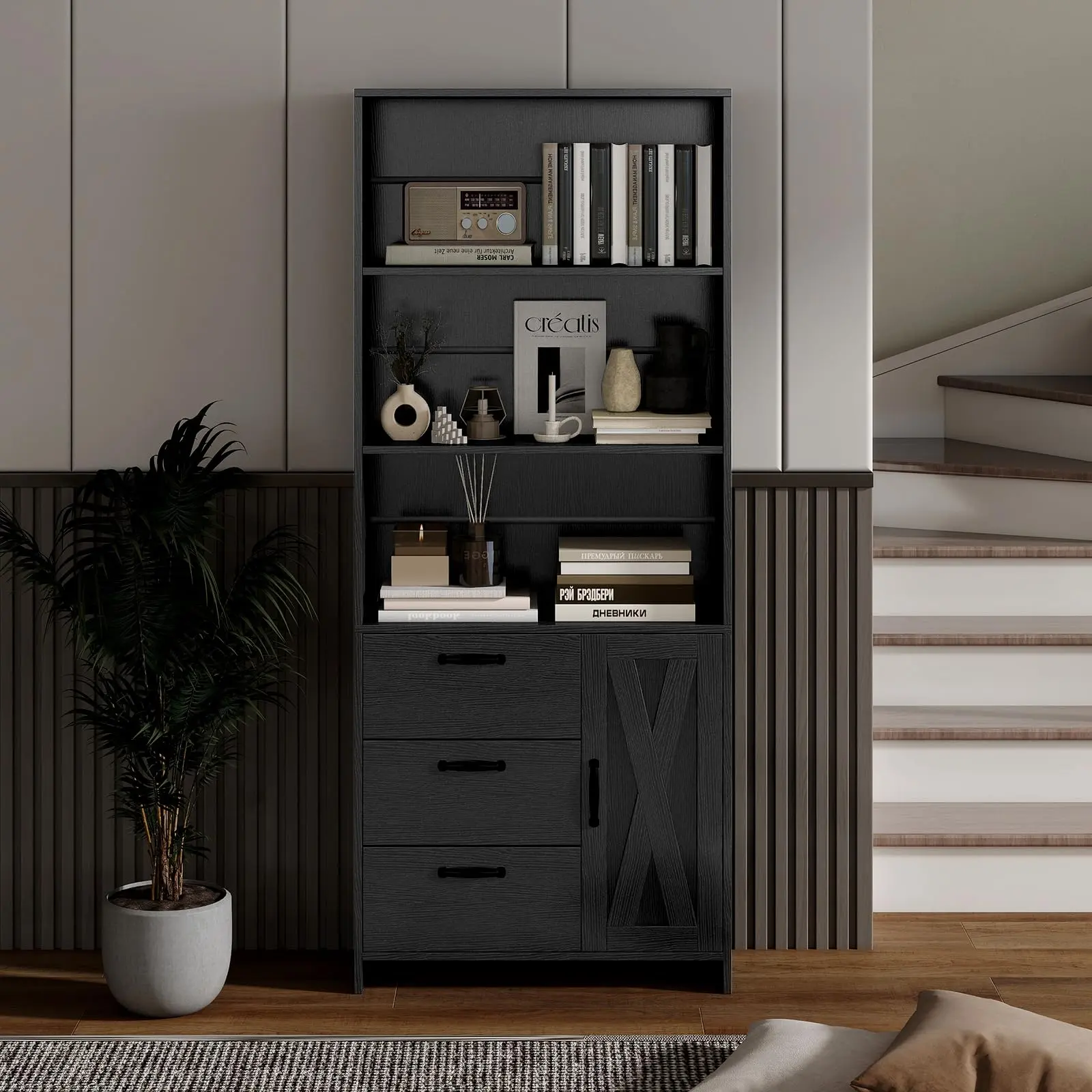 Tall Wooden Bookshelf with 3 Drawers & Door - 3-Tier Open Shelf Bookcase - Modern MDF Storage Cabinet & Organizer for Home Office, Living Room, or Study