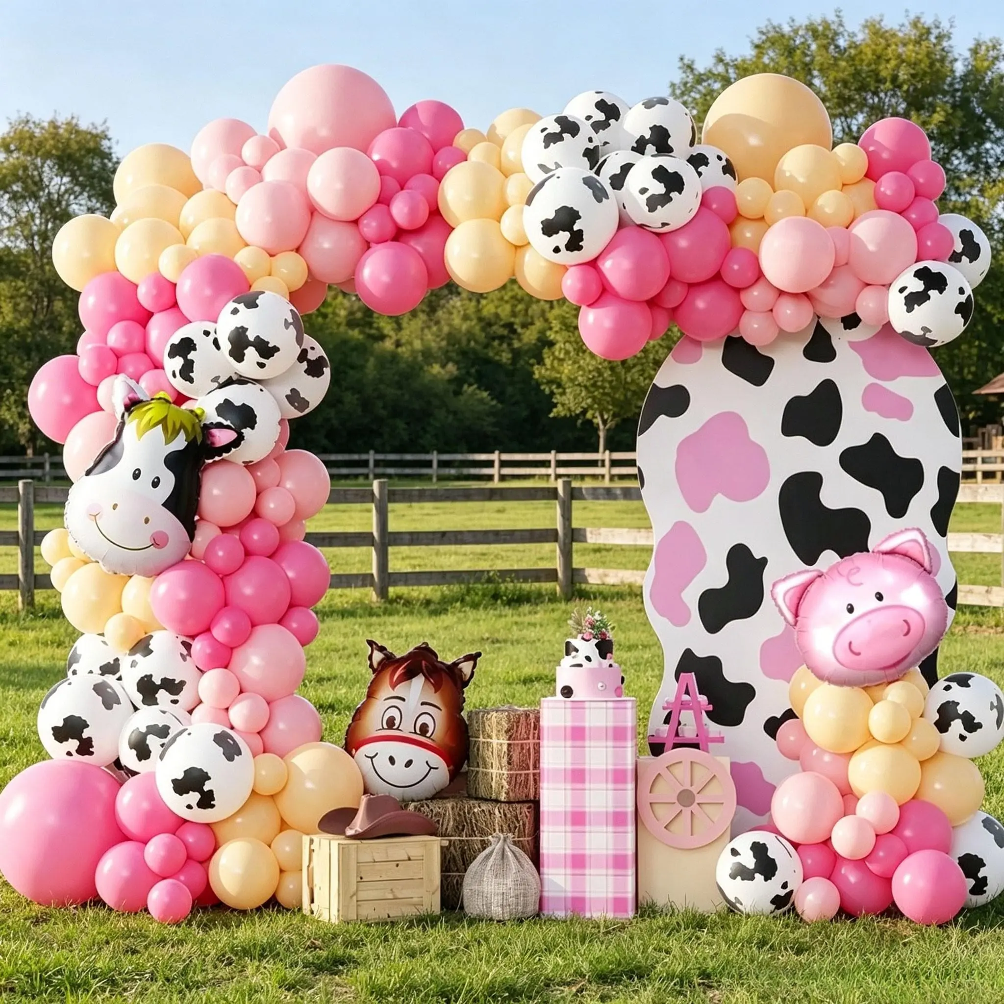 146 Farm Animal Balloon Arch Set, Cow Print Latex, Pig/horse Head Foil, Birthday Party, Outdoor Picnic, Harvest Decor, Baby Baptism