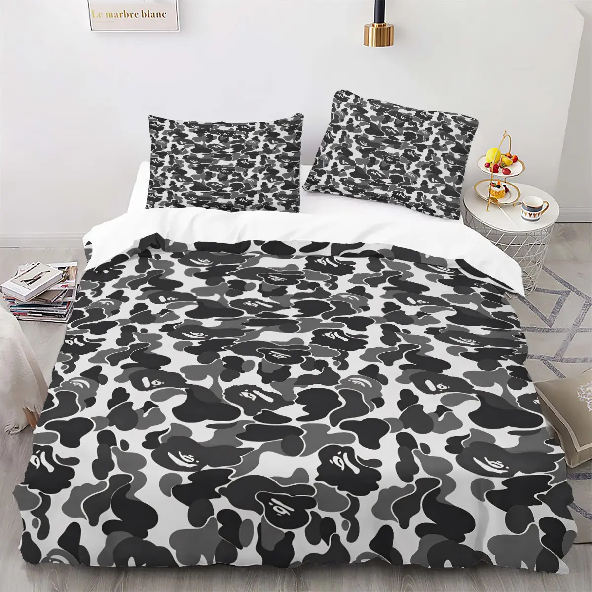 Gray Camo Ape Head Bedding Set, Trendy streetwear style camouflage pattern with ape graphic. Made of polyester fabric, high-definition digital print. 3pcs set includes duvet cover and 2 pillowcases. Perfect for hip-hop street style teen bedroom decor.