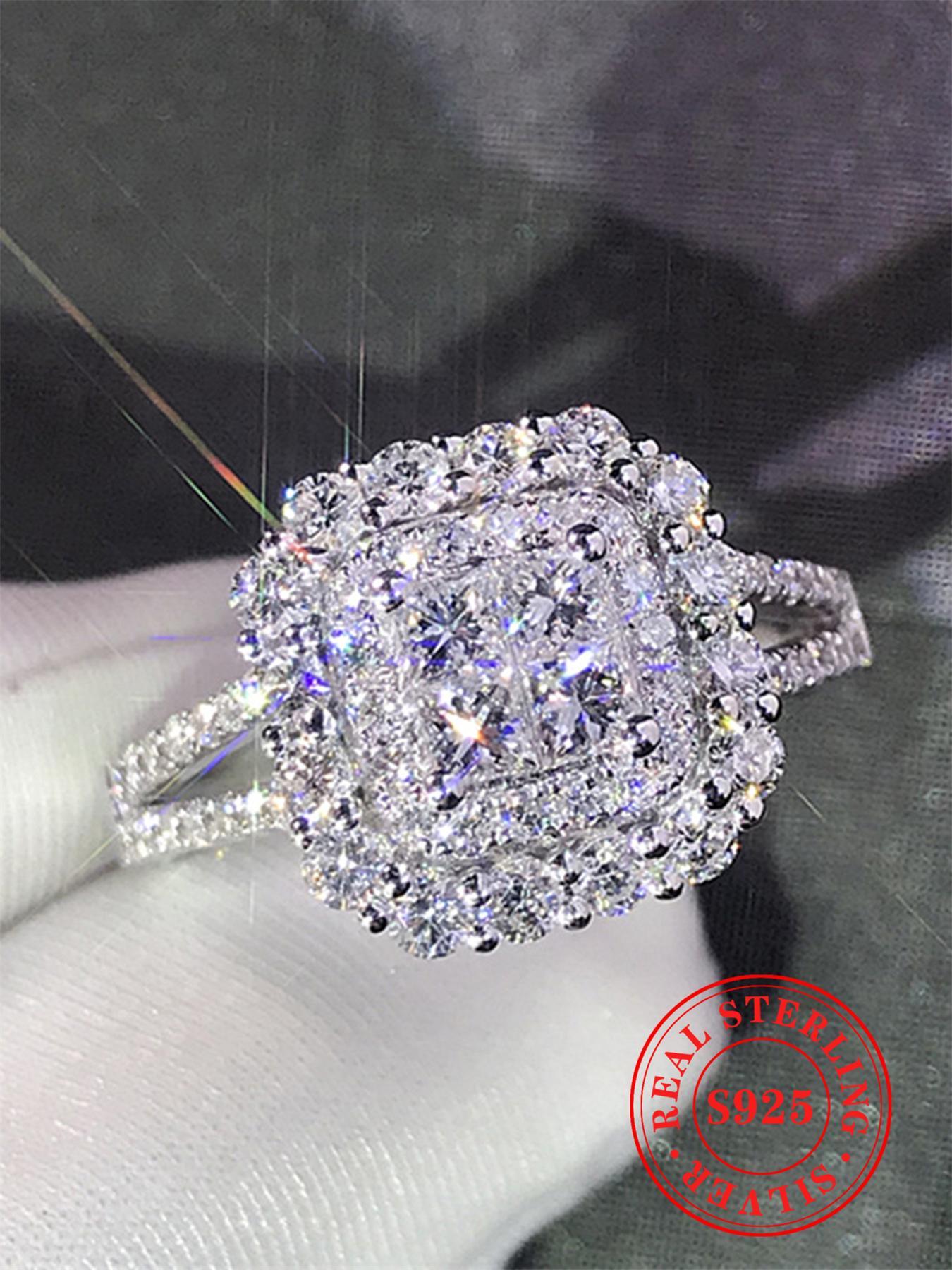 S925 Sterling Silver Luxury Gorgeous Square Shaped Rhinestone Decor Multi Cut Cluster Ring with Box, Elegant Exquisite Jewelry for Women for Summer Party & Daily Wear