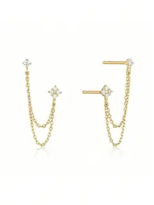 Dainty Silver Chain Drop Earrings with Double Studs, Minimalist Cubic Zirconia Designs Linked Earrings for Pierced Ears