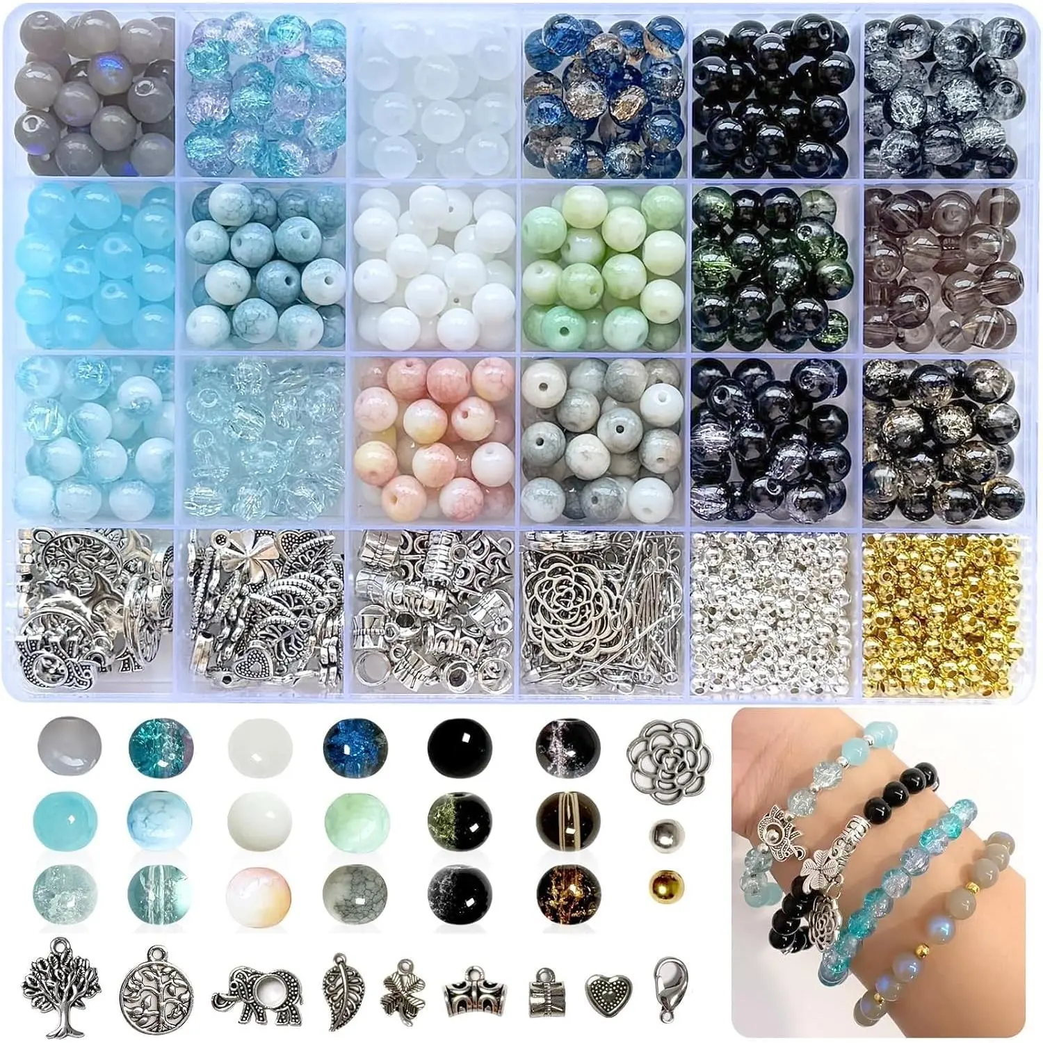 Bracelet Making Kit for Adults – 414 count Real Crackle Glass Beads with Charms, 8mm Neutral Color  Making Set for Gifts