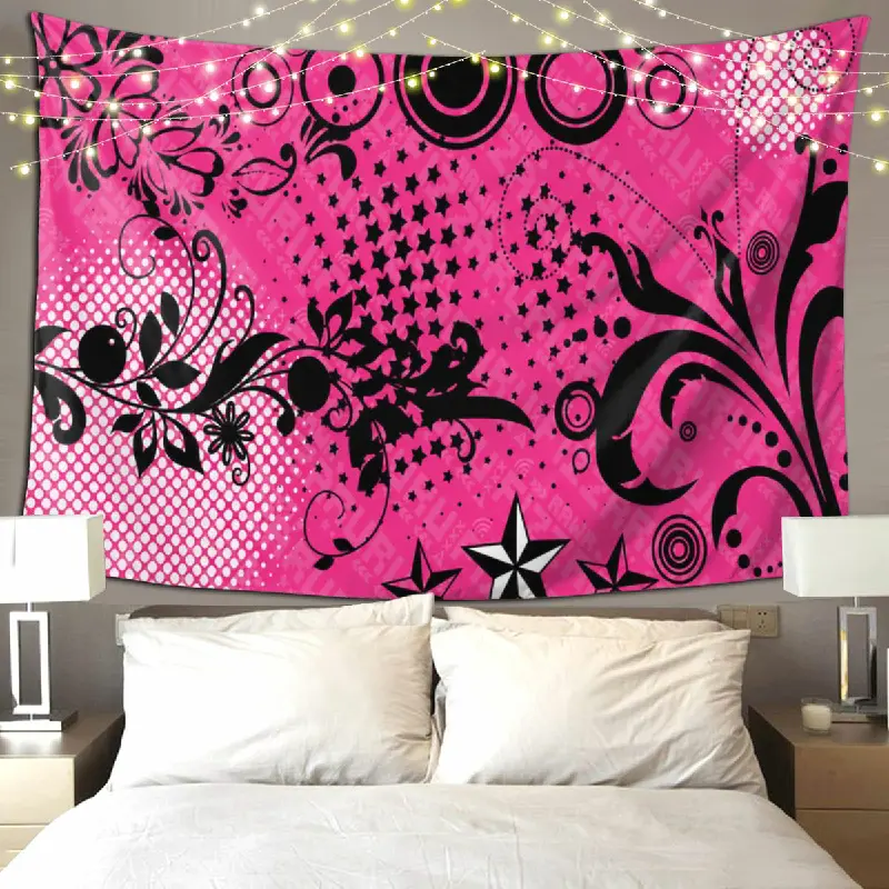 Hot Pink Black Floral Swirl Tapestry 5ft x 3ft 60in x 40in, Y2K Abstract Star Butterfly Wall Hanging Tapestry for Bedroom Dorm Living Room Studio, Bold Graphic Aesthetic Home Decor Wall Art and Photo Backdrop, Peach Skin Fabric