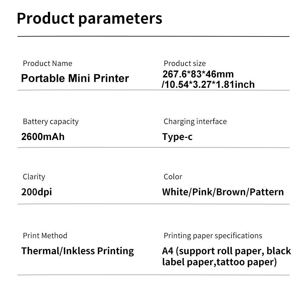 Portable A4 Thermal Printer, Battery-Powered Wireless Printer (Battery Not Included) Supporting Mobile BT and PC Printing, Smart Printer for Home, School and Office, Valentine's Day Gift