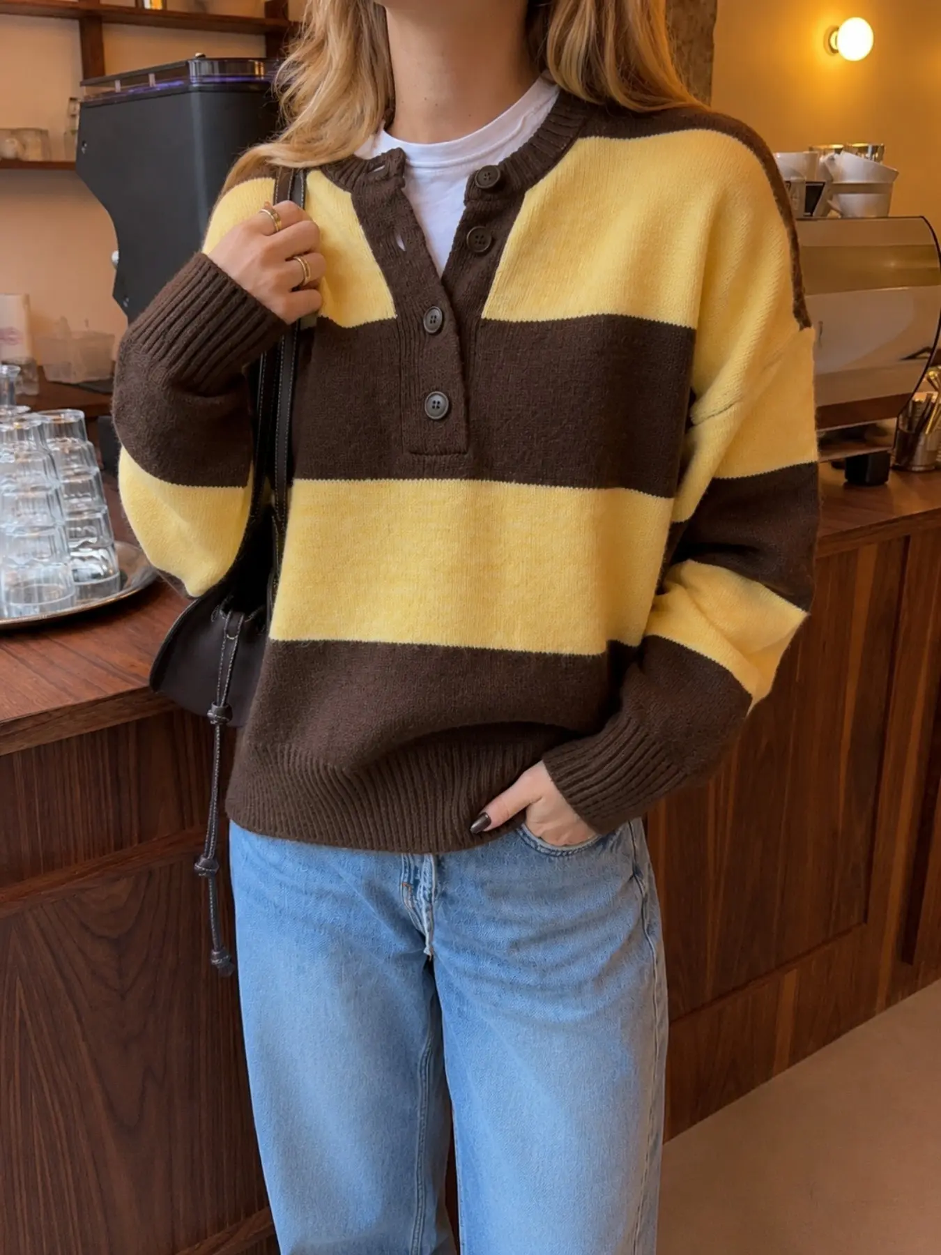 Women's Colorblock Striped Knit Sweater Pullover - Henley Neck, Soft Ribbed Knitting Fabric, Button Front, Long Sleeve, Relaxed Fit, Warm Casual Clothes for Autumn Winter Daily Wear