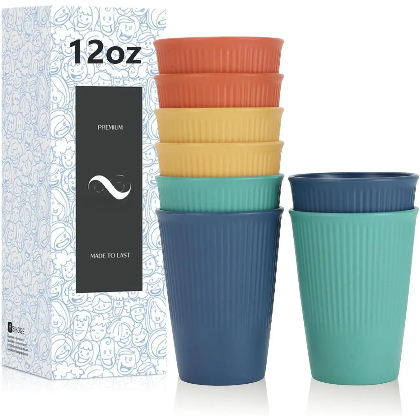 Wheat Straw Cups 12 Oz Alternative Plastic Cups Set of 8 Unbreakable Water Cups for Kitchen Dishwasher & Microwave Safe Drinking Cups for Iced ,Juice-Colorful