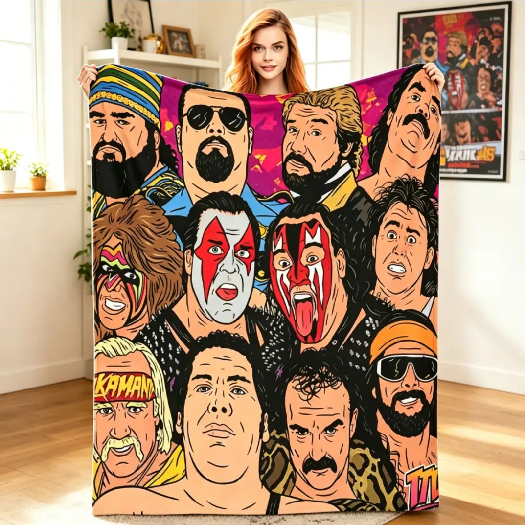 Vintage 80s 90s Wrestling Legends Flannel Blanket, Retro Soft Cozy Warm Fleece Throw Blanket for Adults & Kids, Lightweight All Season Bed Sofa Living Room Fan Gift for Sports Lovers