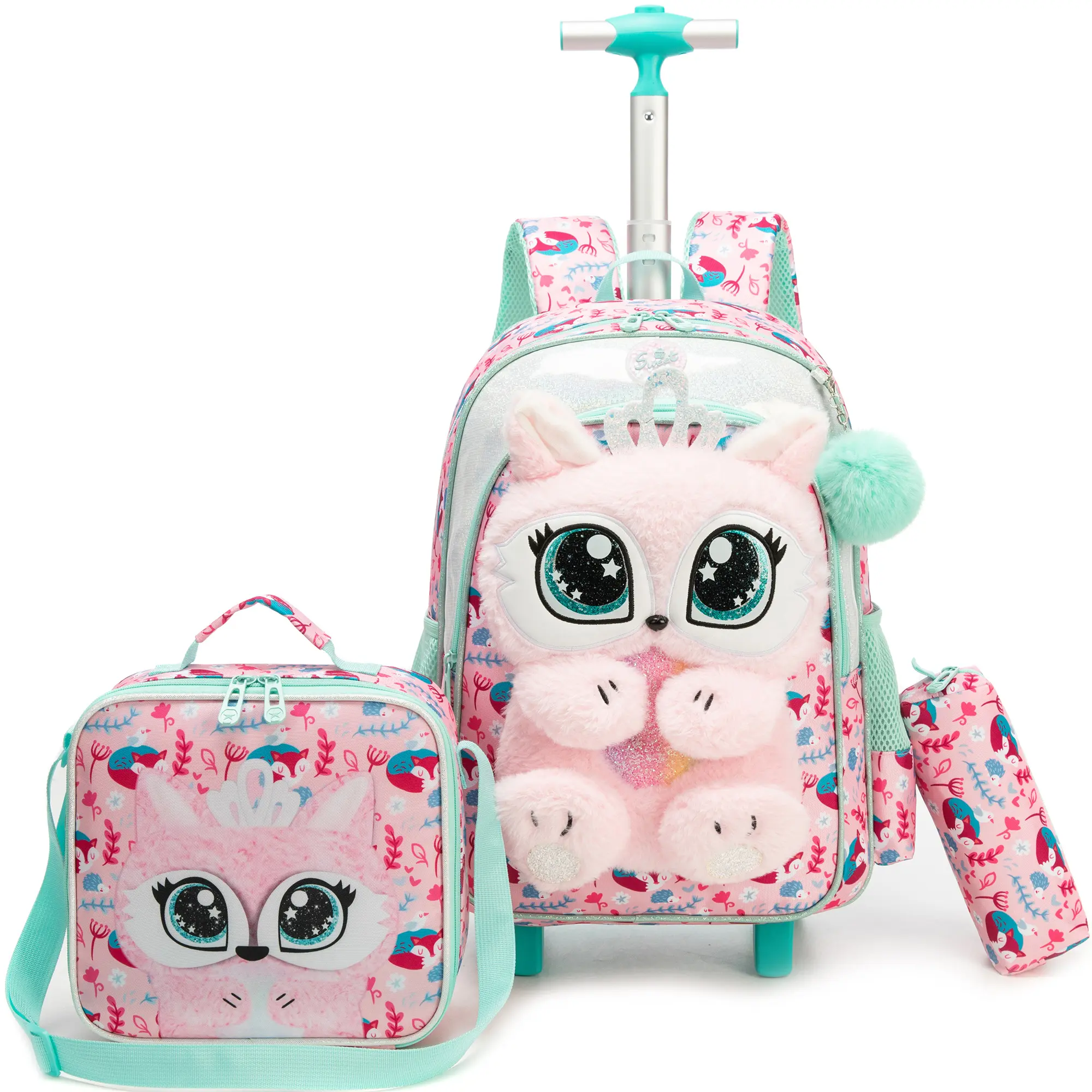 Cute Chic Plush Kitten Rolling Backpack 3pcs Set for Girls - 3D Fluffy Cat Kids School Bag with Insulated Lunch Box, Detachable Trolley, Mint Green/Pink Princess Bookbag & Pencil Case 2026