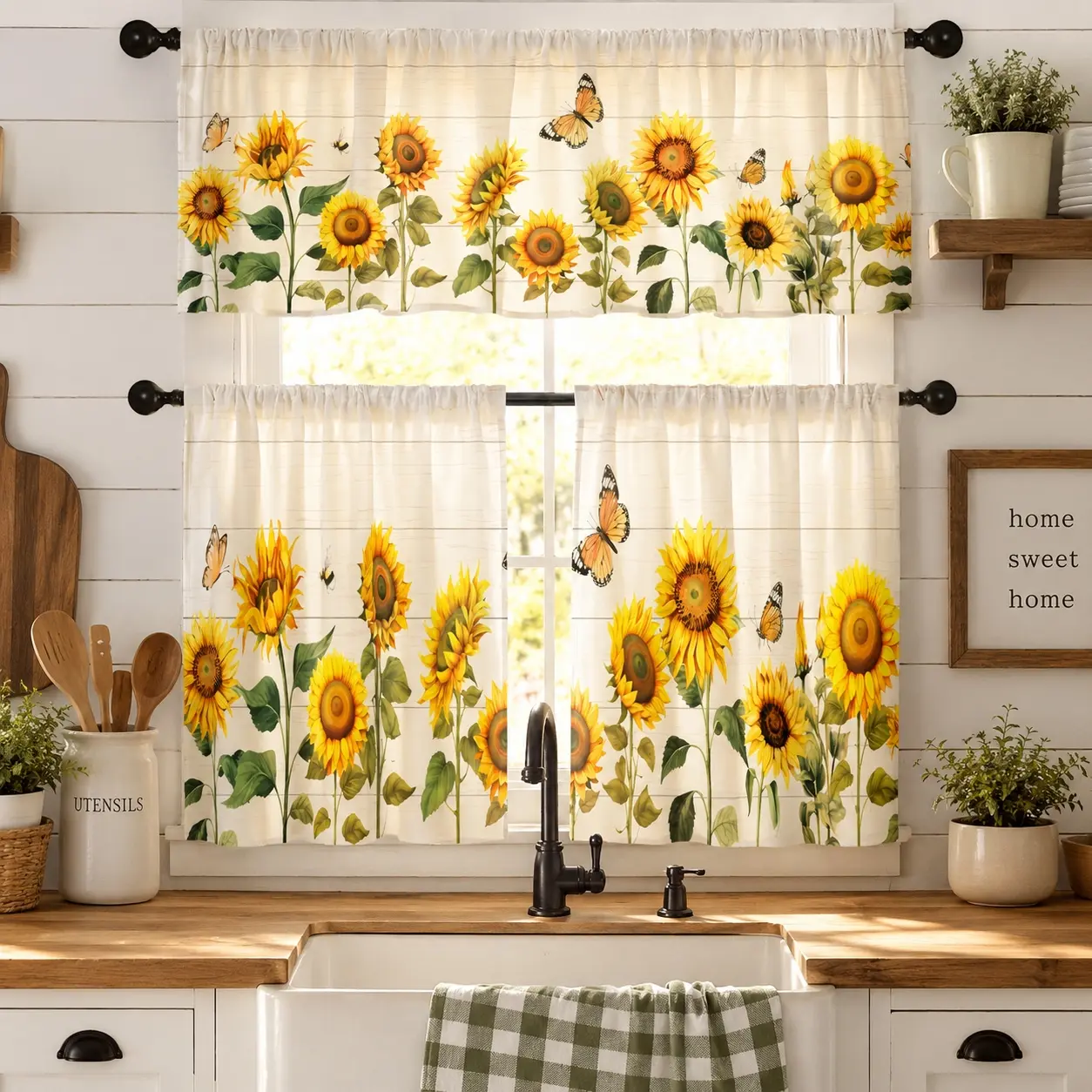 SoftHaven Home 3-Piece Sunflower Floral Window Curtain Valance & Tier Set - Made in USA, Spring Butterfly Design, 100% Polyester, Rod Pocket, Light Filtering, Allergy-Safe, Perfect for Living Room & Bedroom, Window Curtains, Light Filtering Curtains
