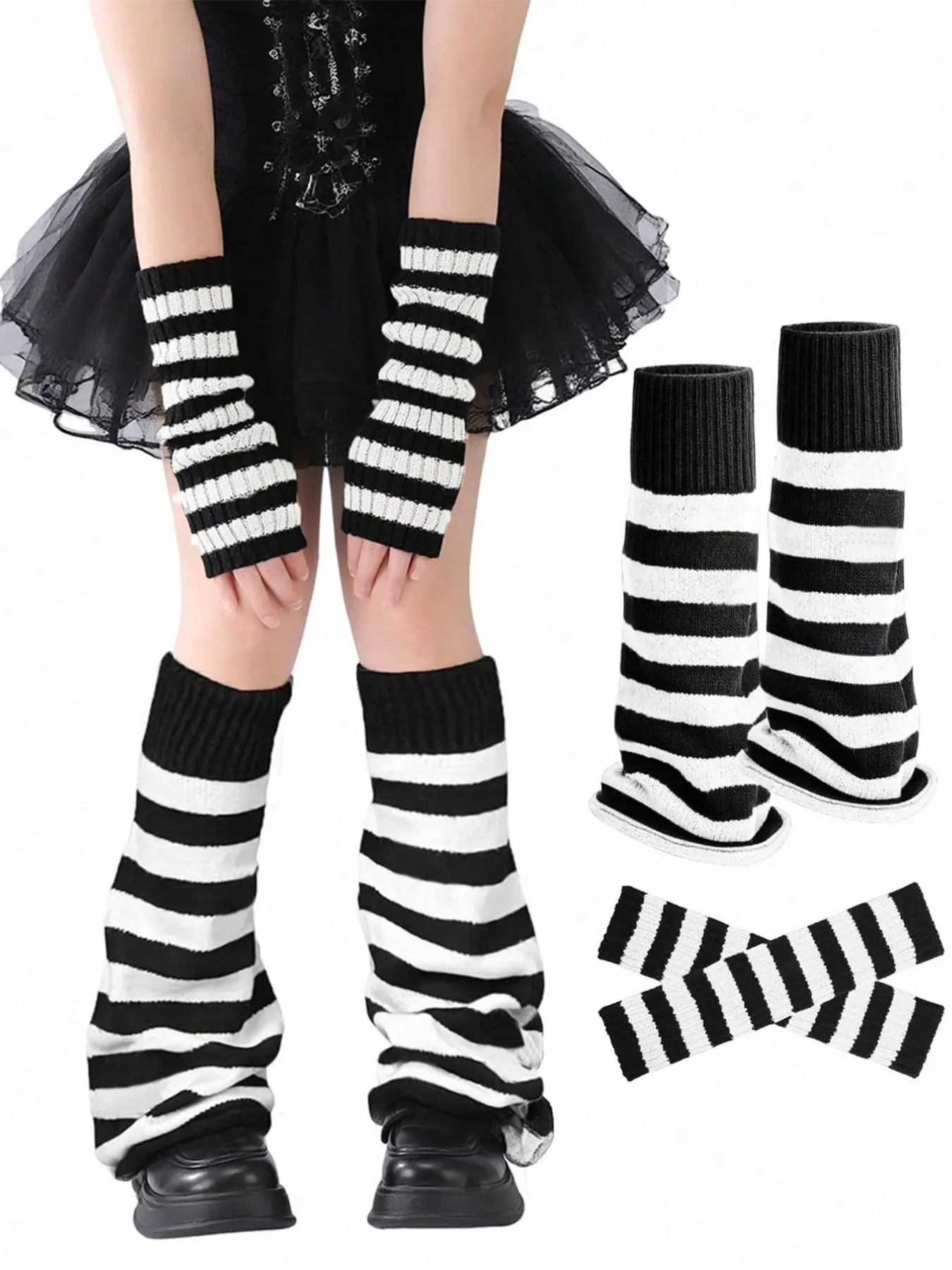 Women’s Y2K Striped Leg Warmers & Arm Warmers Set, 2PCS Black Grey Knit Sleeves, Goth Anime Cosplay Dance Festival Halloween Accessories