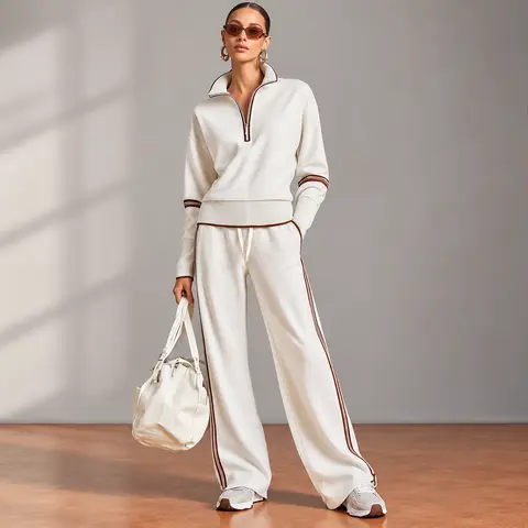 Lady's 2-Piece Casual Women's Lounge Set - Half-Zip Pullover Top, Wide-Leg Drawstring Pants with Side Stripes, Clothes for Women 2 Pcs Set for Travel & Airport Wear