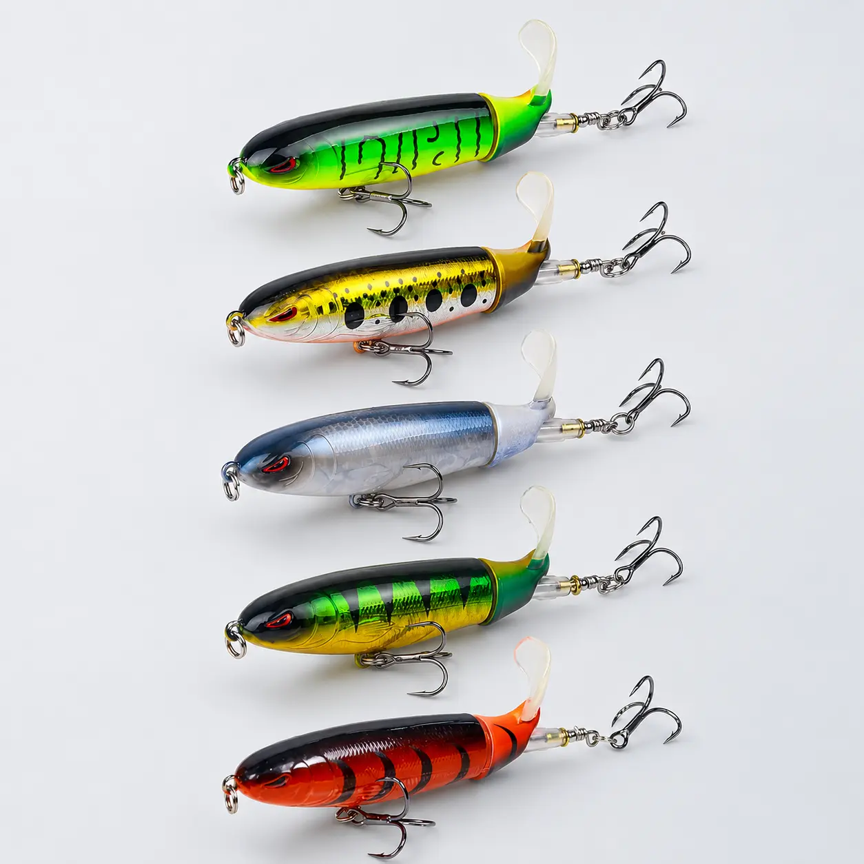 Topwater Plopper Fishing Lure, 12cm Hard Swimbait with Rotating Tail for Splash Action, Lifelike Look, 3D Eyes & Sharp Treble Hooks for Freshwater & Saltwater Bass Fishing, Compact