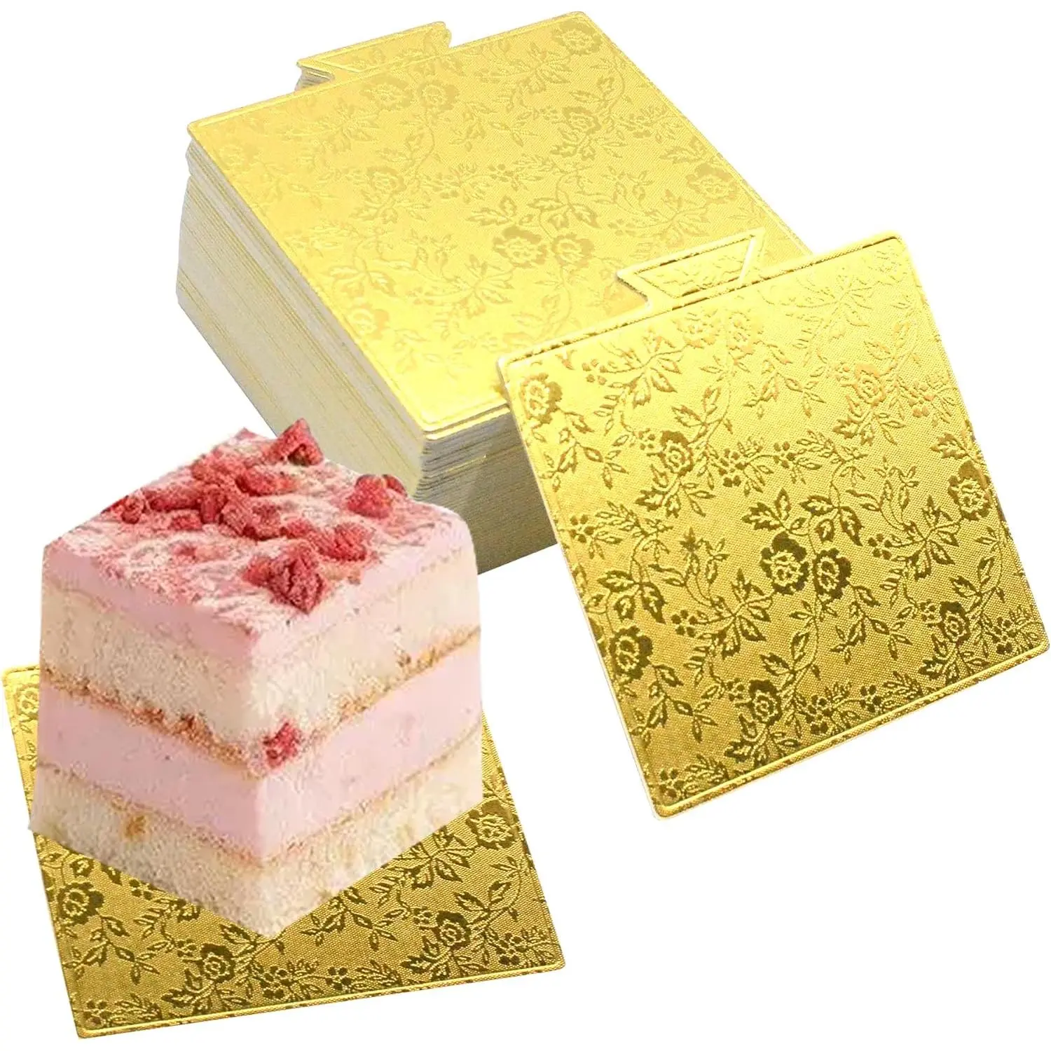 50 count 3.58 In x 3.3 In Square Golden Cake and Bread Stand for Displaying and Decorating Dessert, Snack and Cake (knurling)