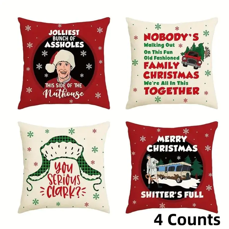 Festival Themed Cushion Cover without Filler, 4 Counts/set Linen Blend Pillow Cover, Modern Style Zipper Pillowcase for Home Living Room Sofa Bedroom Decor