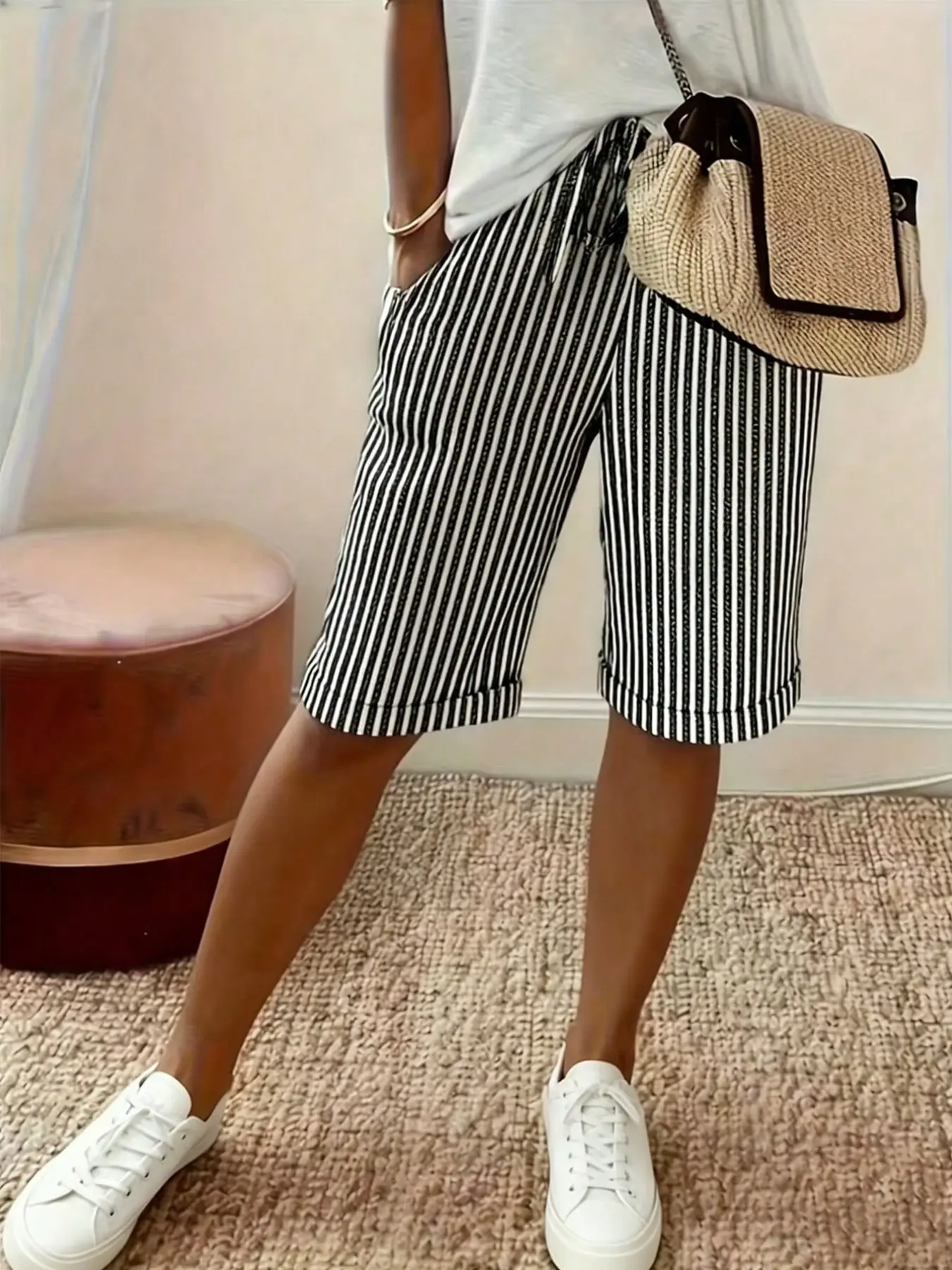 Summer New Striped Rolled Hem Capri Pants, Elastic Waist Slimming Casual Wide-Leg Mid-Length Pants, Comfortable and Stylish