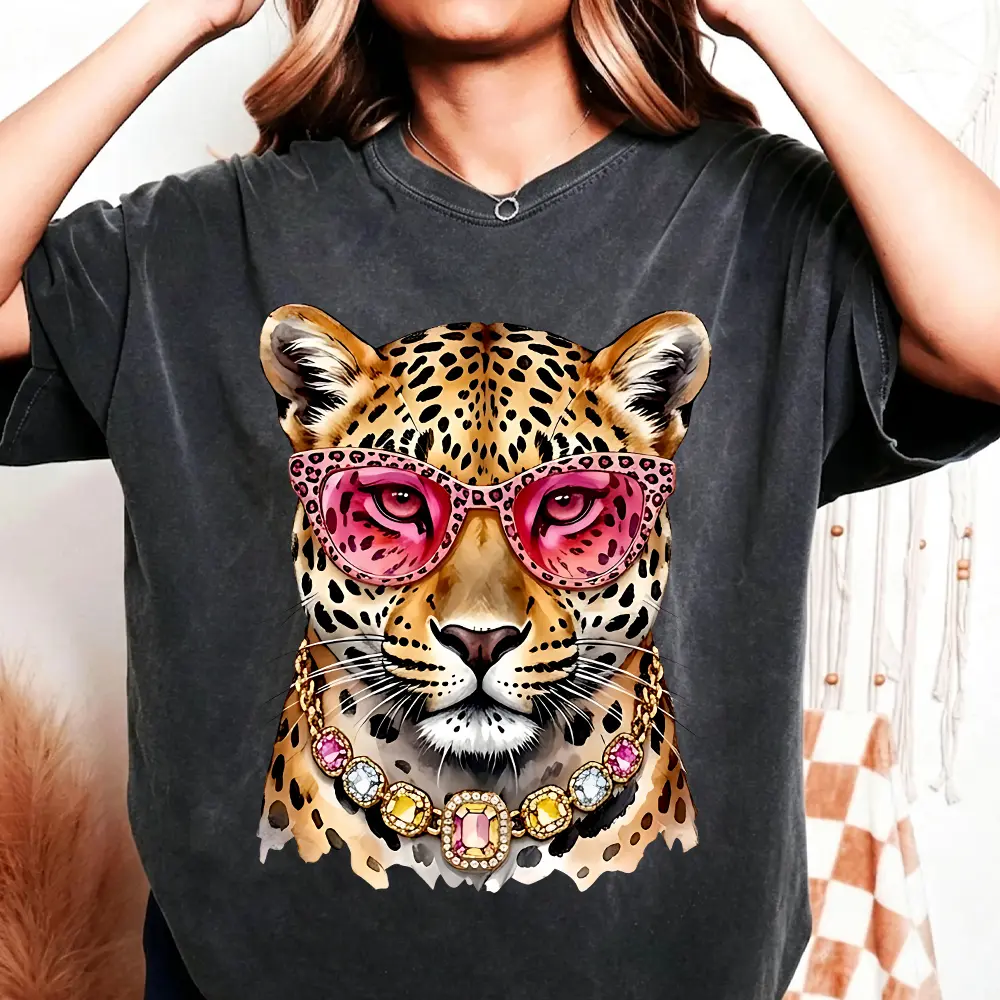 Vintage Acid Wash Leopard Graphic Tee, Unisex Cool Cheetah with Sunglasses Shirt, Oversized Retro Charcoal Y2K Streetwear Top