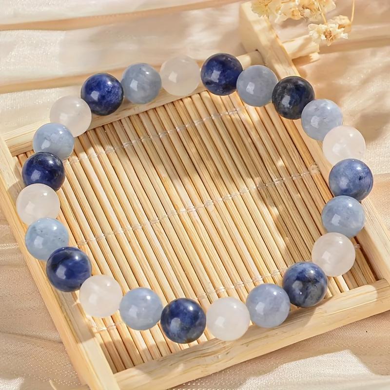 1Count 8mm Natural Sne Bead Bracelet - Elastic Design, "Quiet" Pendant, Blue and White Snes,Reliable for Daily Life and Holiday Celebrations, Attracts Wealth And Good, Holiday Bracelet| Quiet Pendant| Elastic Bracelet