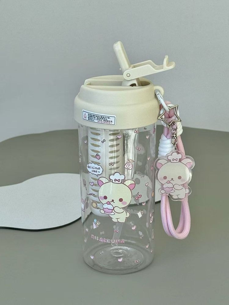 600ml Anime Kawaii Rilakkuma Plastic Straw Cup Girls Cartoon Children Outdoor Portable Large Capacity Sports Water Bottle Gifts