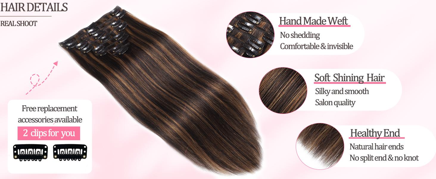 Clip in Hair Extensions Real Human Hair Seamless Balayage Human Clip ins Extensions for Women Invisible Straight 8Pcs Double Weft Dark Brown Highlight Chestnut Brown 16inch 90g