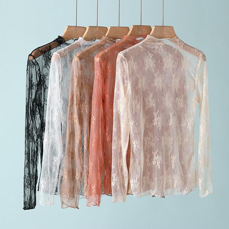 3PCS Black White Coffee Women Half High Collar Mesh Bottomed Blouse Shirt Lace Ear Edge Hollow Long Sleeve Lace Top