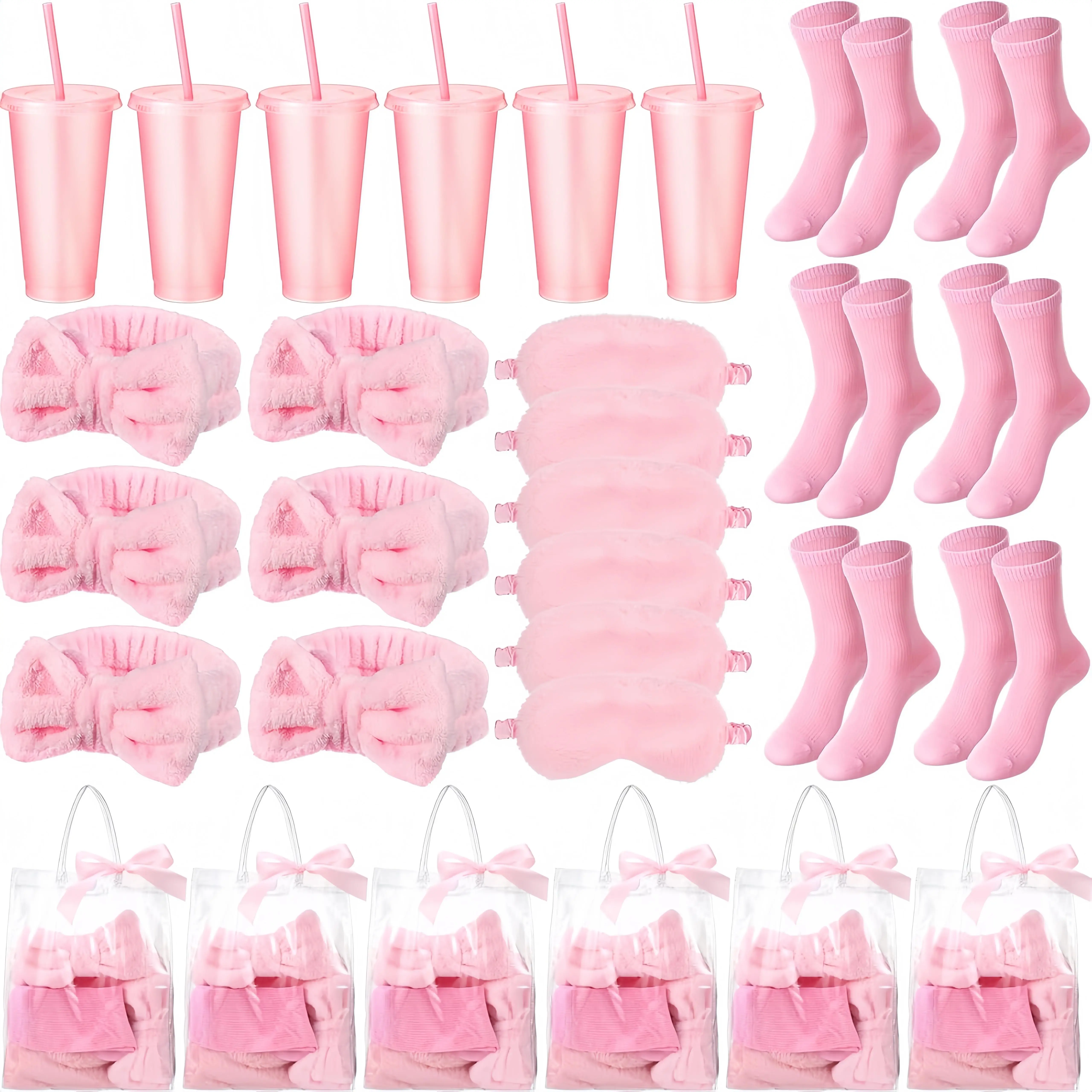 37 Pcs (6 Set) Sleepover Bachelorette Party Includes Tumblers With Straws Sleep Masks Bow Spa Headbands Cozy Socks Thank You Cards Silk Ribbon Clear Gift Bags Party Favors For Baby Shower Gender Reveal Party Bridal Shower