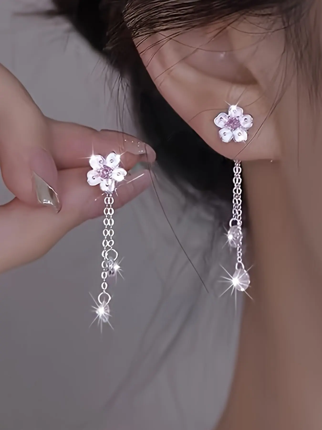 Elegant Cherry Blossom Zircon Long Floral Earrings for Women, Stylish Daily Wear Jewelry, Versatile Accessory for Various Occasions