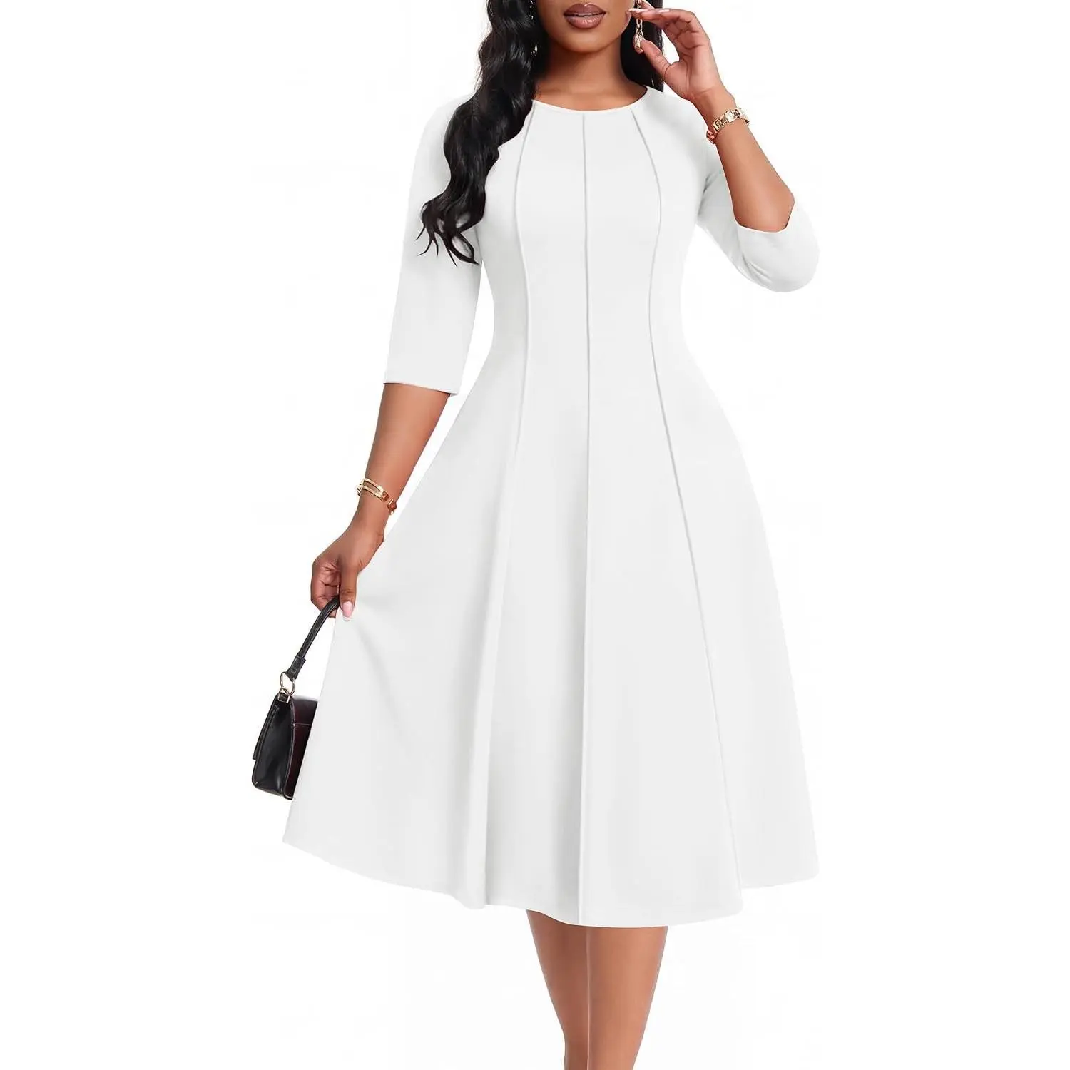 Midi Dresses for Women - Semi Formal Fit and Flare 3/4 Sleeve Elegant A-Line Church Work Dress with Pockets