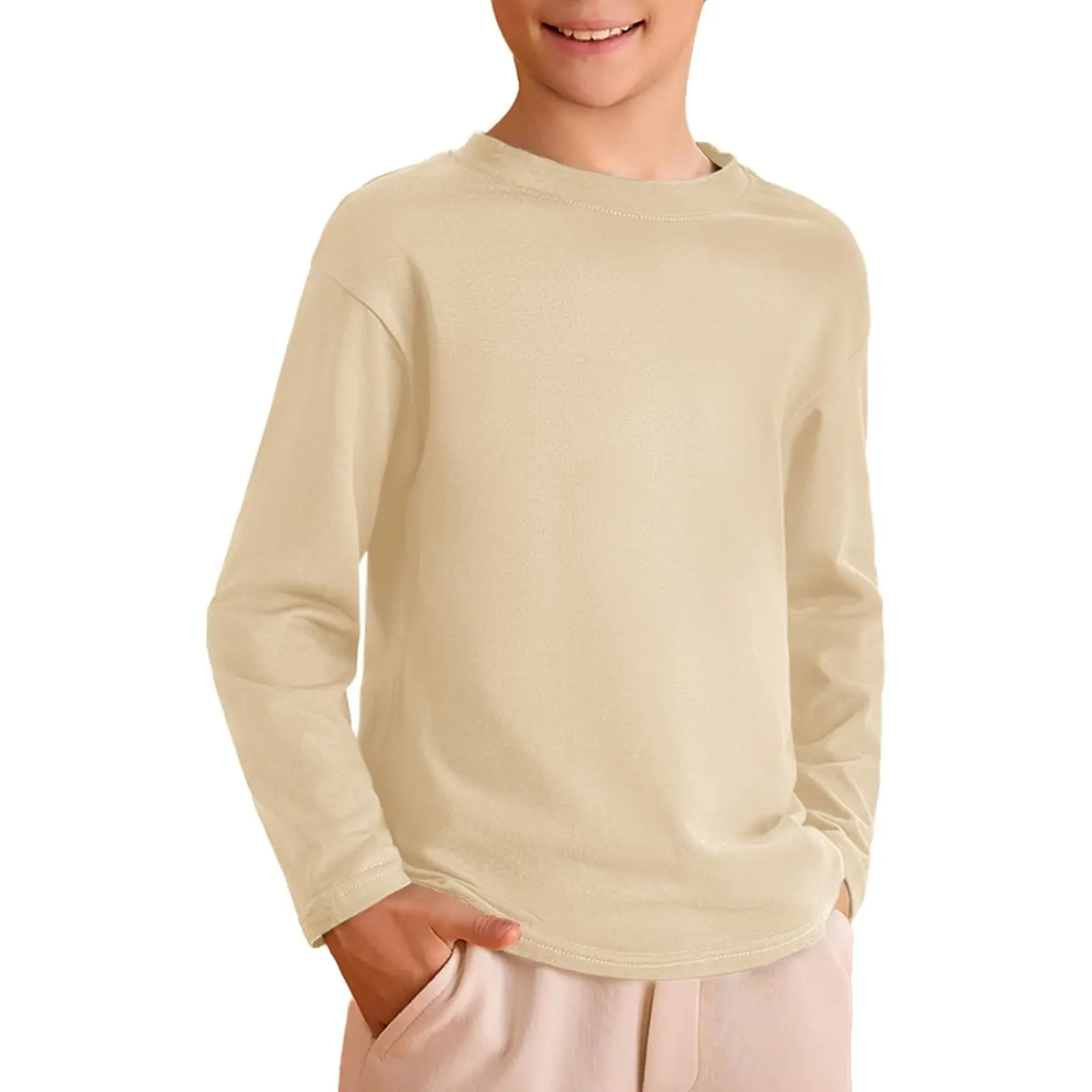 Haloumoning Boys' Casual Basic Poly-Cotton Blend Solid Colors Long Sleeve Crewneck T-Shirts - Fitted Cut, Medium Length, Machine Washable, Year-Round Wear, for Kids 5-14 Years
