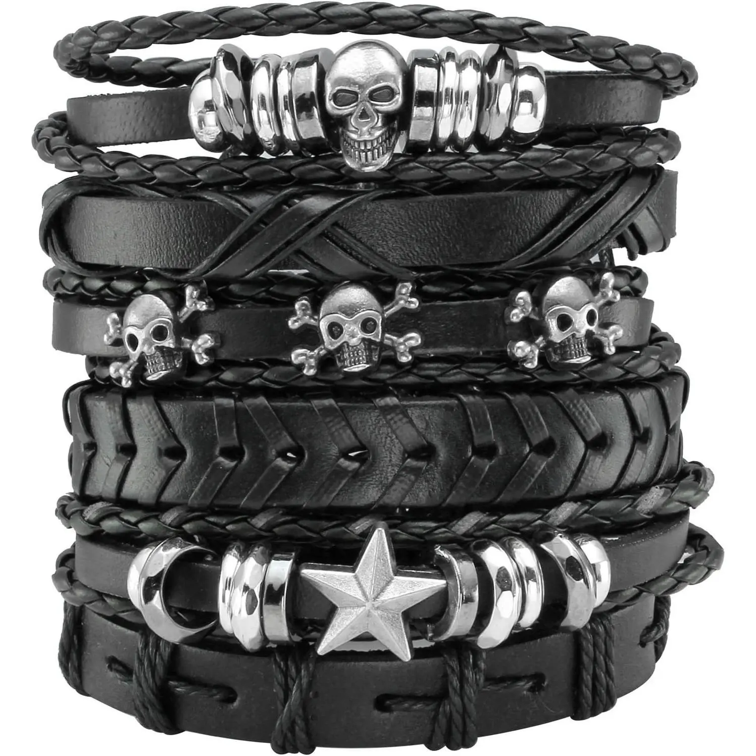 6 count Leather Bracelet Braided Wide Wristband Women Men Punk Rock  Skull