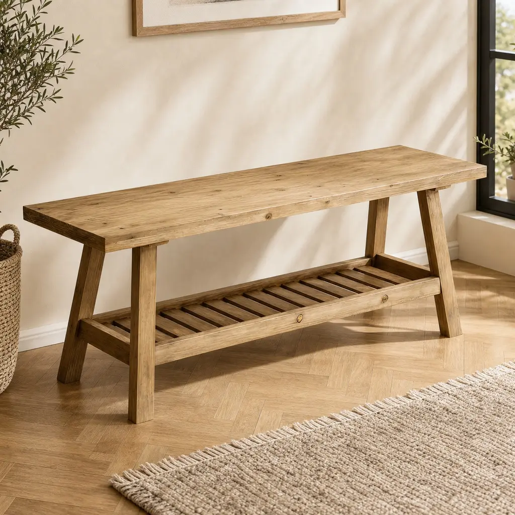 ARCH 43-Inch Farmhouse Solid Wood Storage Bench, 2-Tier Entryway Bench with Open Shelf, Narrow Rustic Wooden Shoe Bench for Hallway, Living Room, Bedroom, Kitchen, Dining Room, Distressed Gray Finish, 300lb Capacity, Gray Color Options