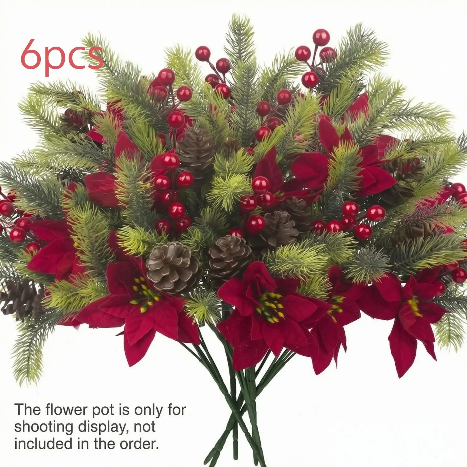 6pcs Poinsettia Pine Branch Artificial Flower Set, Imitation Pine Cones and Berries, Christmas Fake Floral Decorations, Home Decor, Wreath, Wedding Party