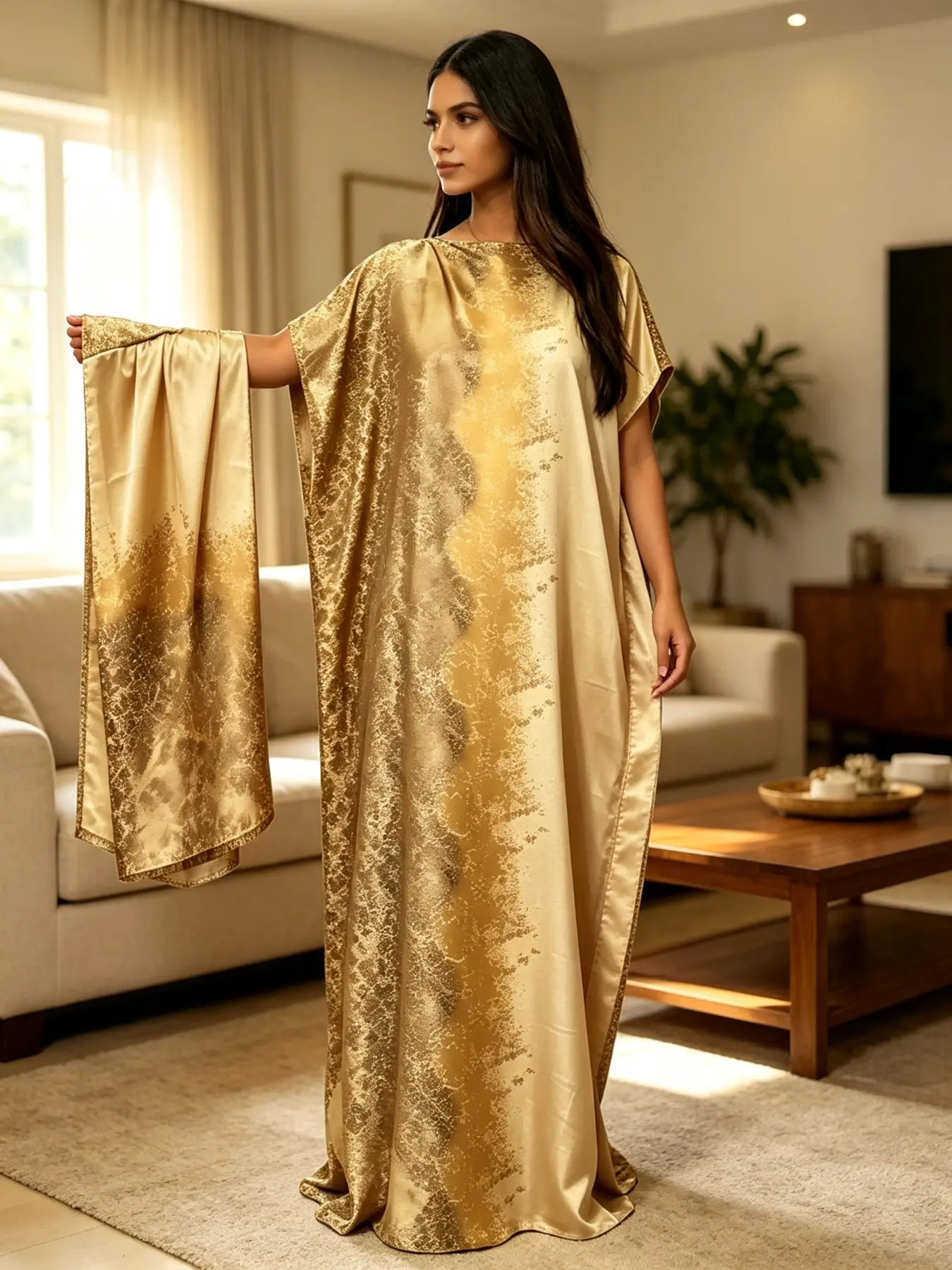 Plus Size Women's Long Breathable Kaftan Sleepwear Set, Champagne Gold Gradient Print, Loose Fit, Casual Home Wear, Beach & Daily Use