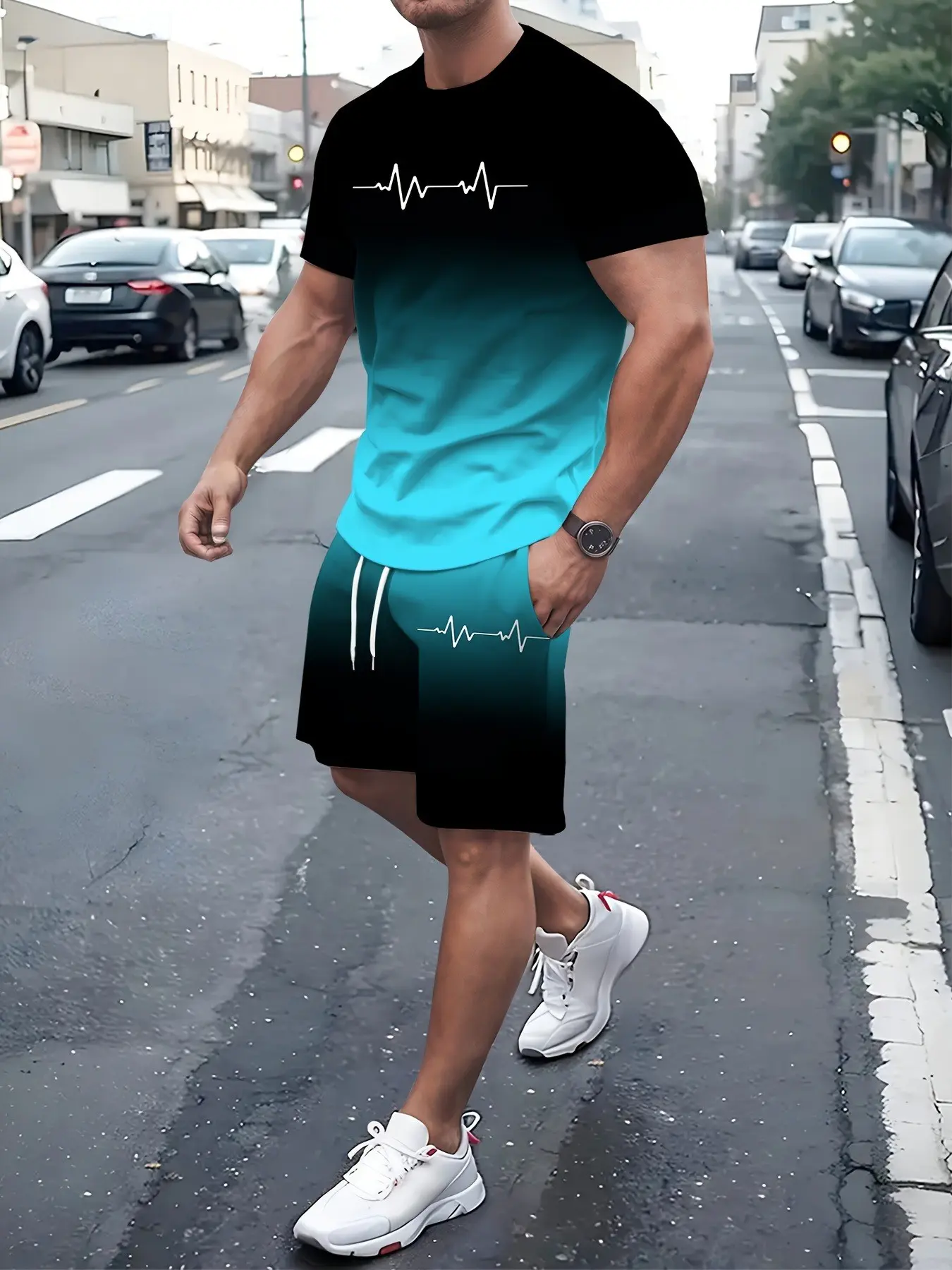Summer Casual Short Sleeve Tee + Pocket Shorts Set, Gradient Blue Letter Print, Slim-Fit Knee-Length, All-Seasons Man, Menswear