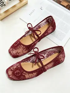 Breathable Mesh Embroidered Square Toe Women's Summer Flat Sandals, Bow Open-Toe Ballet Flats, Comfortable Low Heel Shoes, Breathable Footwear