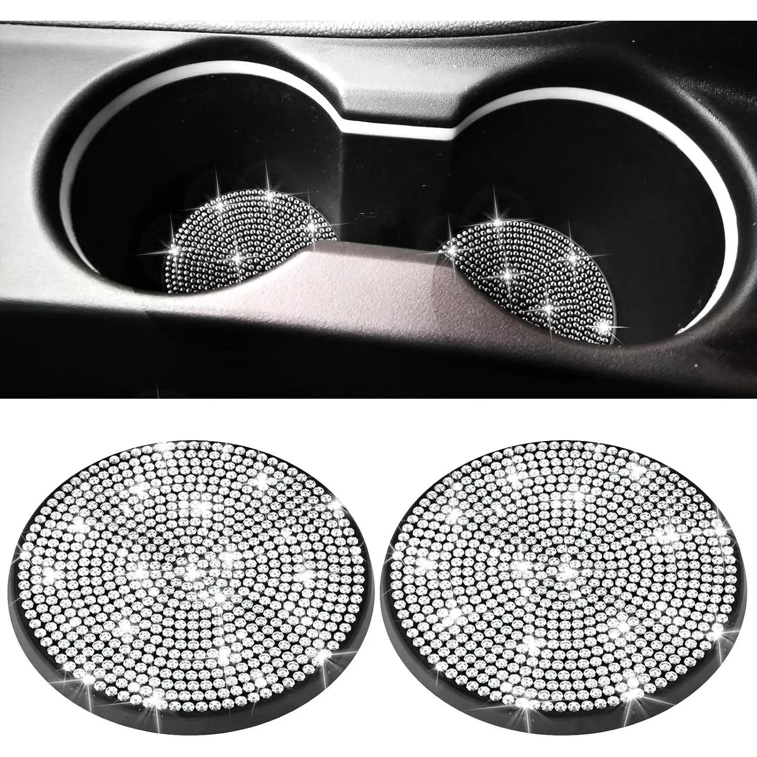 2 count Bling Cup Holder Coaster,  Accessories for Women 2.75 inch   Non-Slip  Cup Holder Coasters, Sparkly Bling (White)