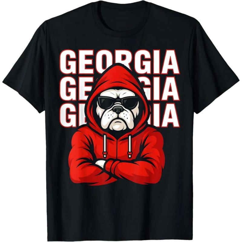 Graphic T-Shirt Black Red Hoodie Bulldog "GEORGIA" Repeated Print – Unisex Cotton Streetwear Tee, Casual Short Sleeve Top, Sports Fan Shirt, College Pride Apparel