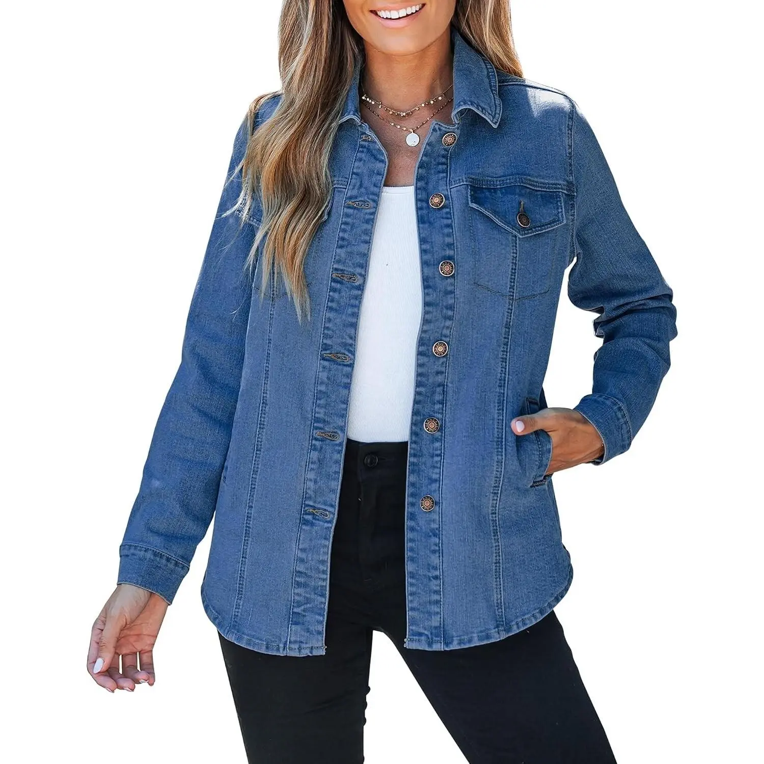 Women's Fashion Denim Jacket Western Oversized Shacket Button Up with Pockets - 2026 Style Jean Jacket for Casual Everyday Wear