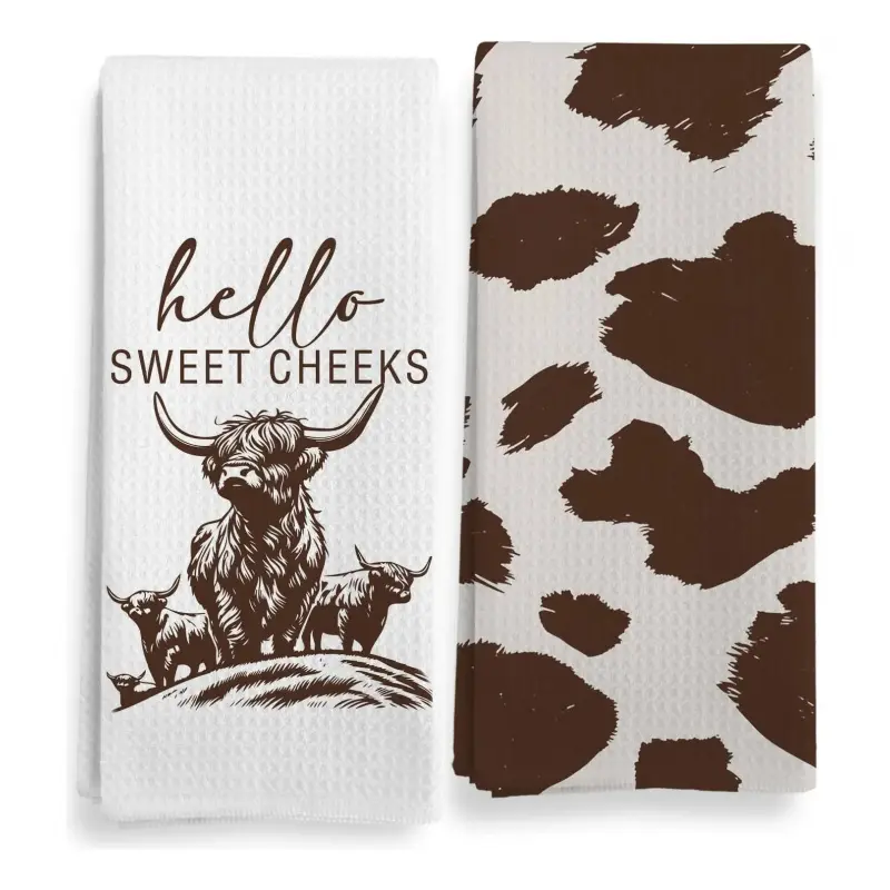 2-pack Hello Sweet Cheeks Highland Cow Kitchen Towels, 16x24 inch Waffle Weave, Absorbent and Quick-Drying Dishcloths, Fun Western Farm Yak Print + Brown Cow Spot Decoration, Rustic Farmhouse Kitchen Decor Housewarming Gift.