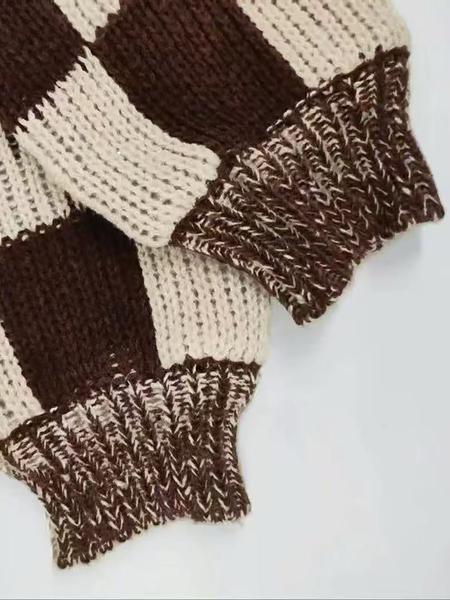 Women's Plaid Knit Cardigan, Lantern Sleeve Loose-Fitting Sweater, Casual Fall & Winter Fashion, Unique Design, New Arrival