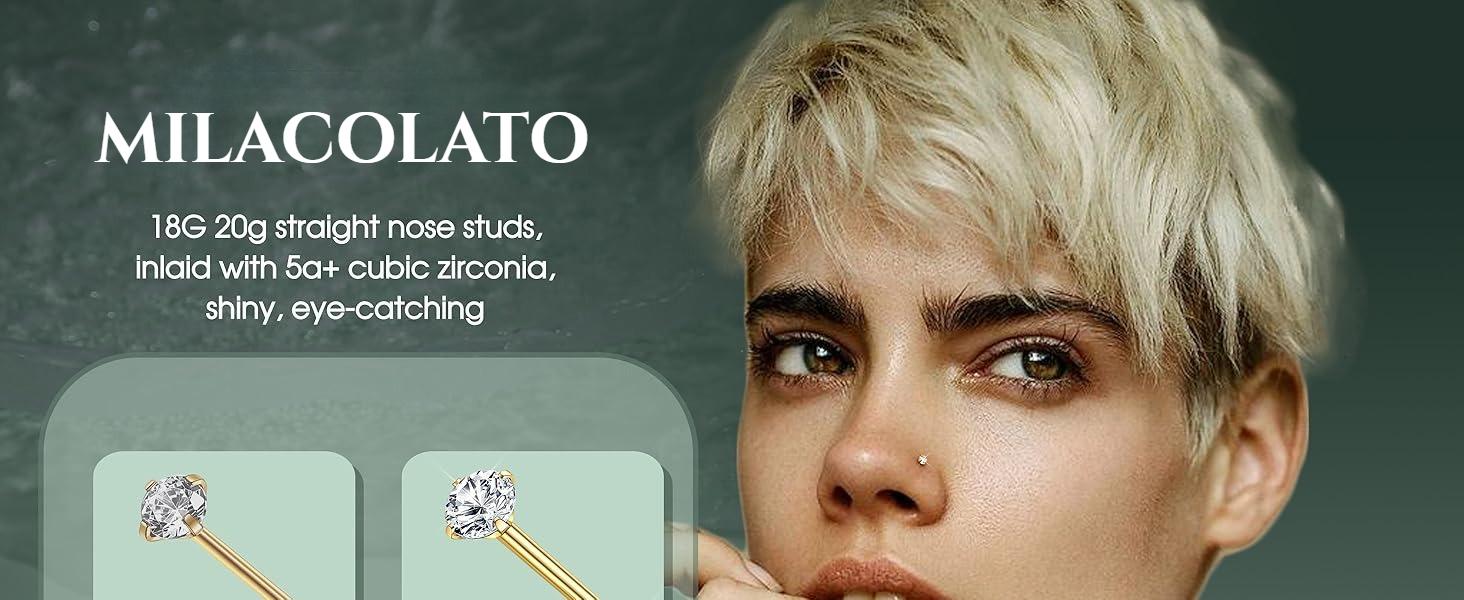 MILACOLATO Hypoallergenic Nose Rings 18G 20G Surgical Stainless Steel Nose Rings Studs Cubic Zirconia Nose Ring Labret Nose Piercing Jewelry for Women Men 1.5mm 2mm 2.5mm 3mm