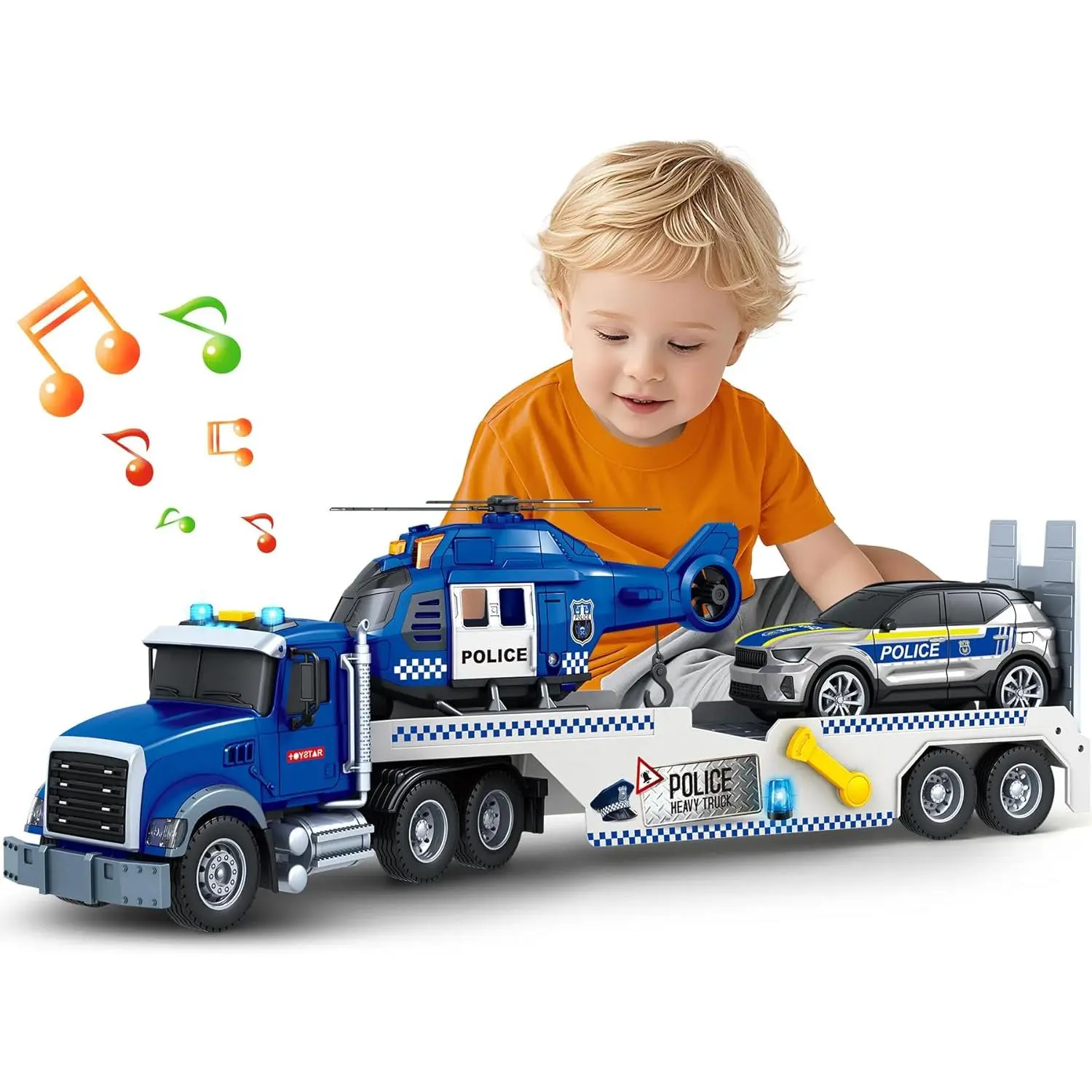 21" Semi Truck Toy, 3 4 5 6 Year Old Boys Toddlers Police Truck Toy with Racing Car and Helicopter, 3 in 1 Police Car Toy, Birthday Gifts for Kids Child 3 4 5 6 Years Old