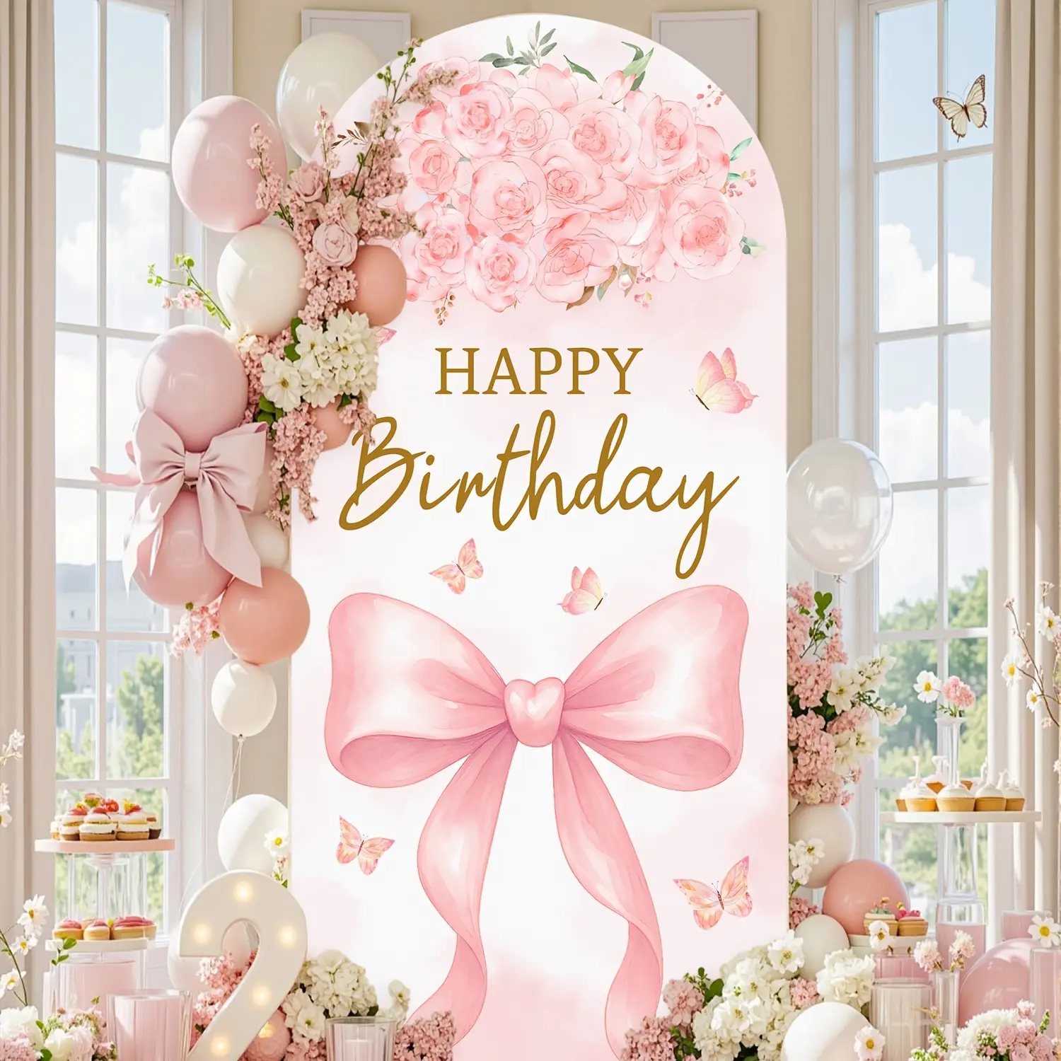 Pink Big Bow Birthday Arch Backdrop, Watercolor Flower Butterfly Arch Cover with Golden "Happy Birthday" Script, Girls Pink Bow Theme Party Arch Background for Birthday Party, Shower, Photo Booth