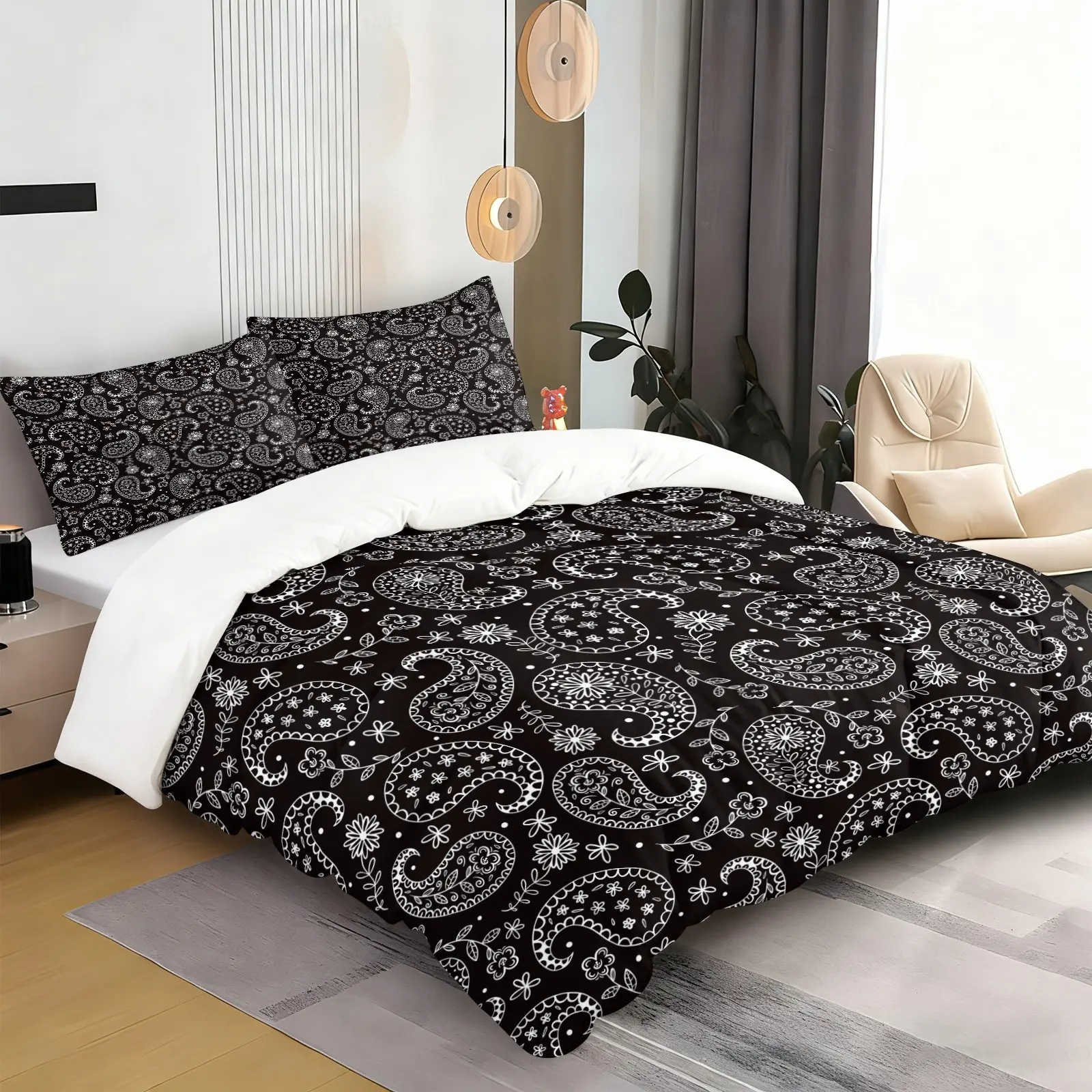 Black White Paisley Printed Duvet Cover Set, 1 Duvet Cover & 1/2 Pillowcase No Filling, Soft Microfiber Bedding Set, Lightweight Decorative for Teenagers Adults Bedroom Guest Room Home Decor, Easy Care, Durable, Soft Bedding Sets
